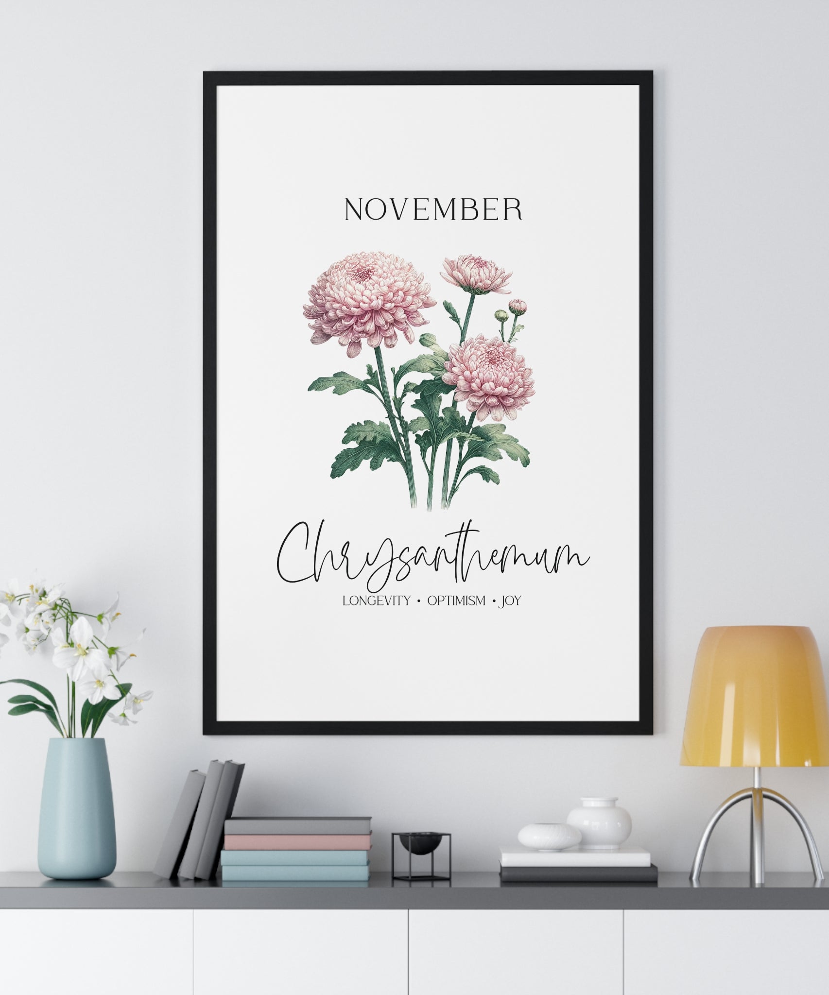 November Birth Month Flower Wall Art – Chrysanthemum Illustration in Wooden Frame | Longevity, Optimism & Joy