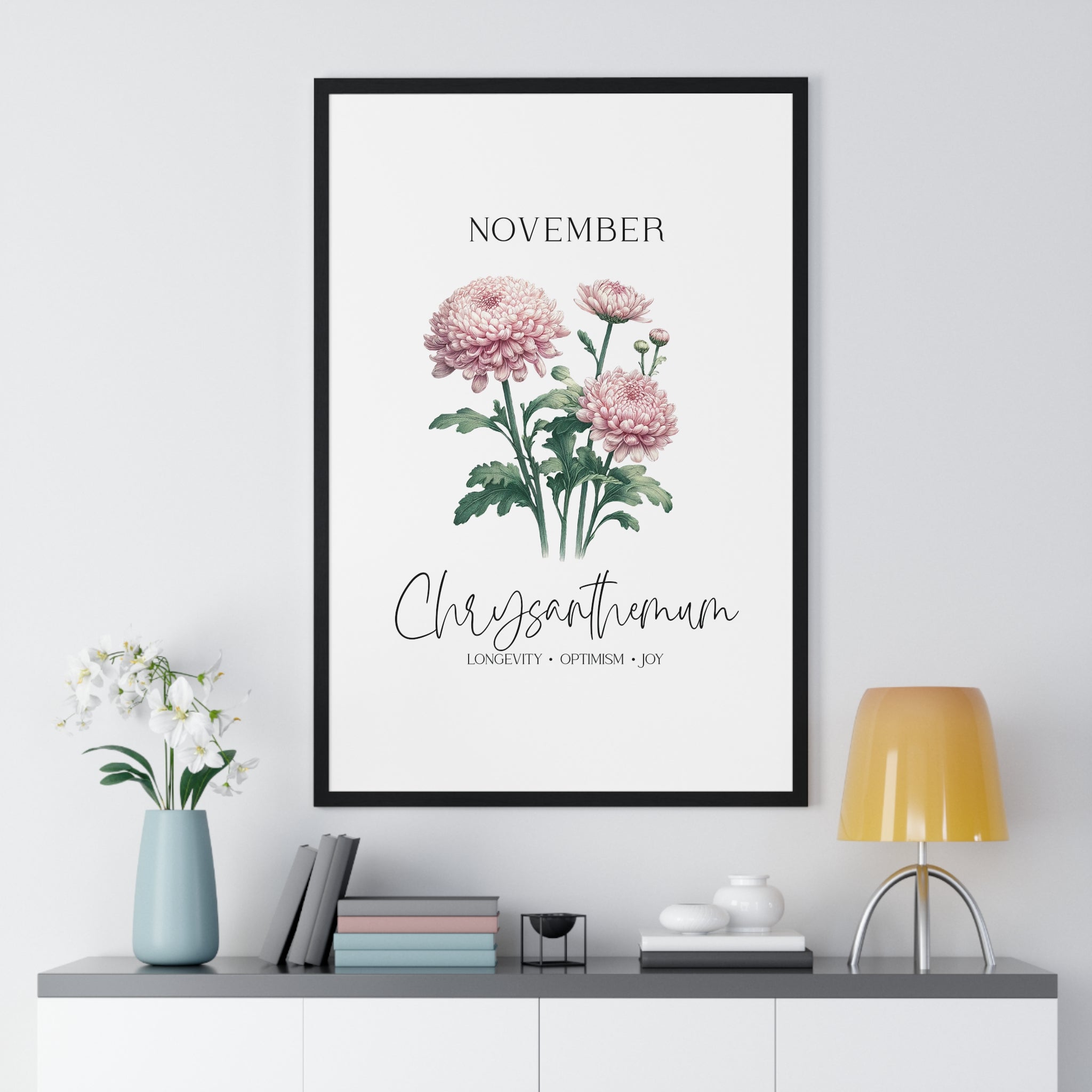 November Birth Month Flower Wall Art – Chrysanthemum Illustration in Wooden Frame | Longevity, Optimism & Joy