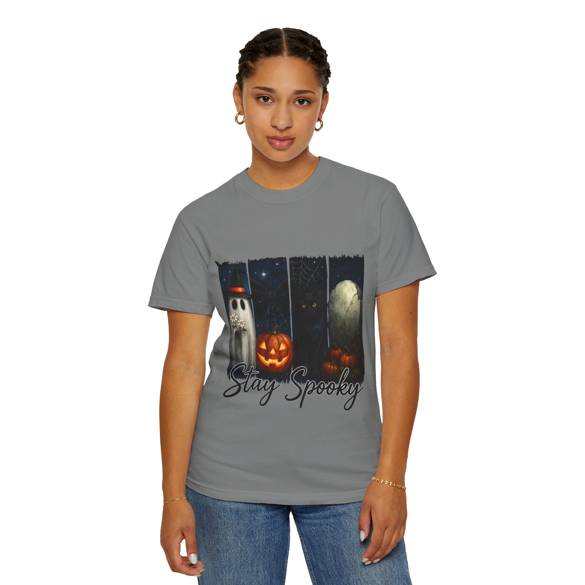Stay Spooky Halloween T-Shirt – Cute Ghost, Black Cat, Pumpkin & Graveyard Design