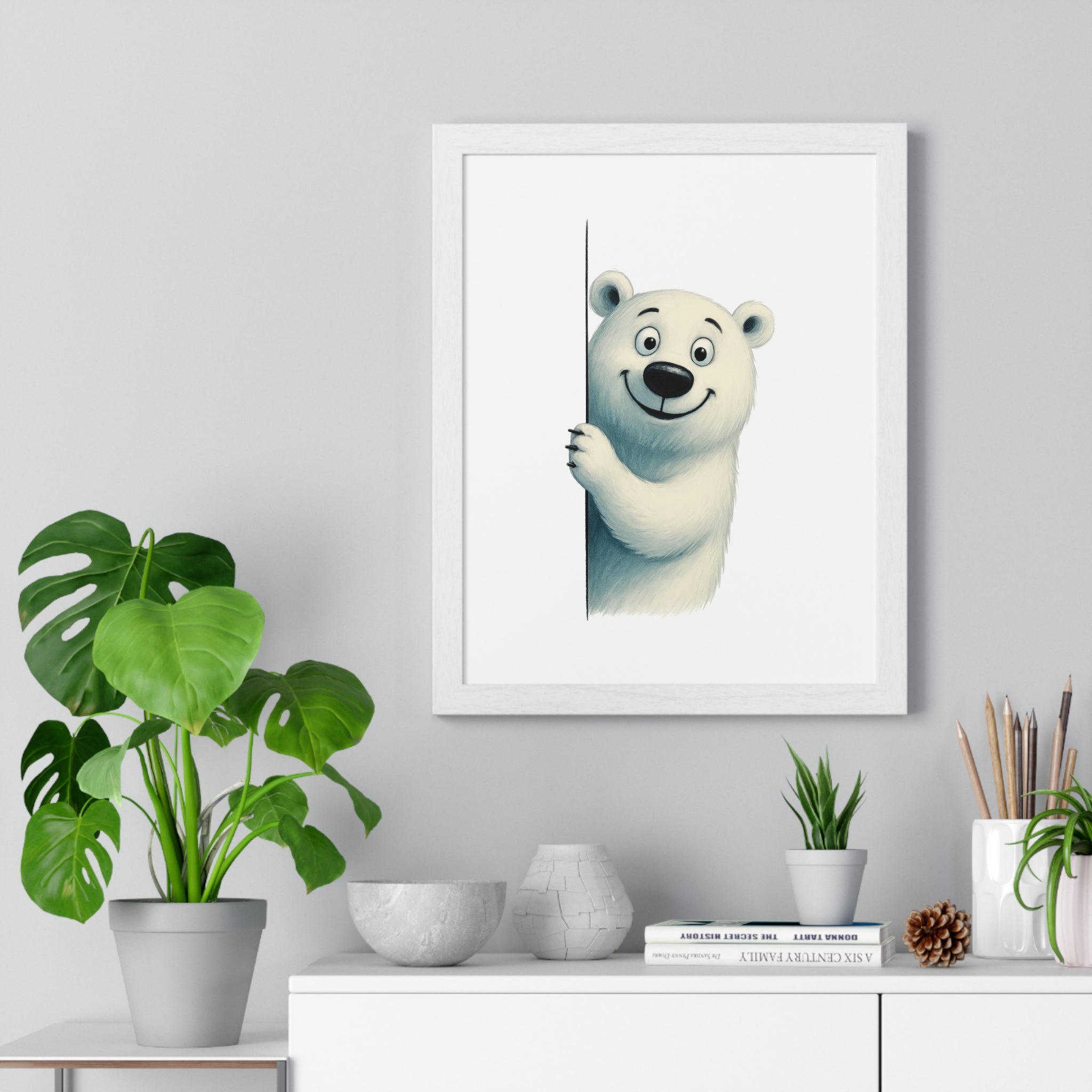 Wooden Frame Wall Decor with Cheerful Polar Bear Print
