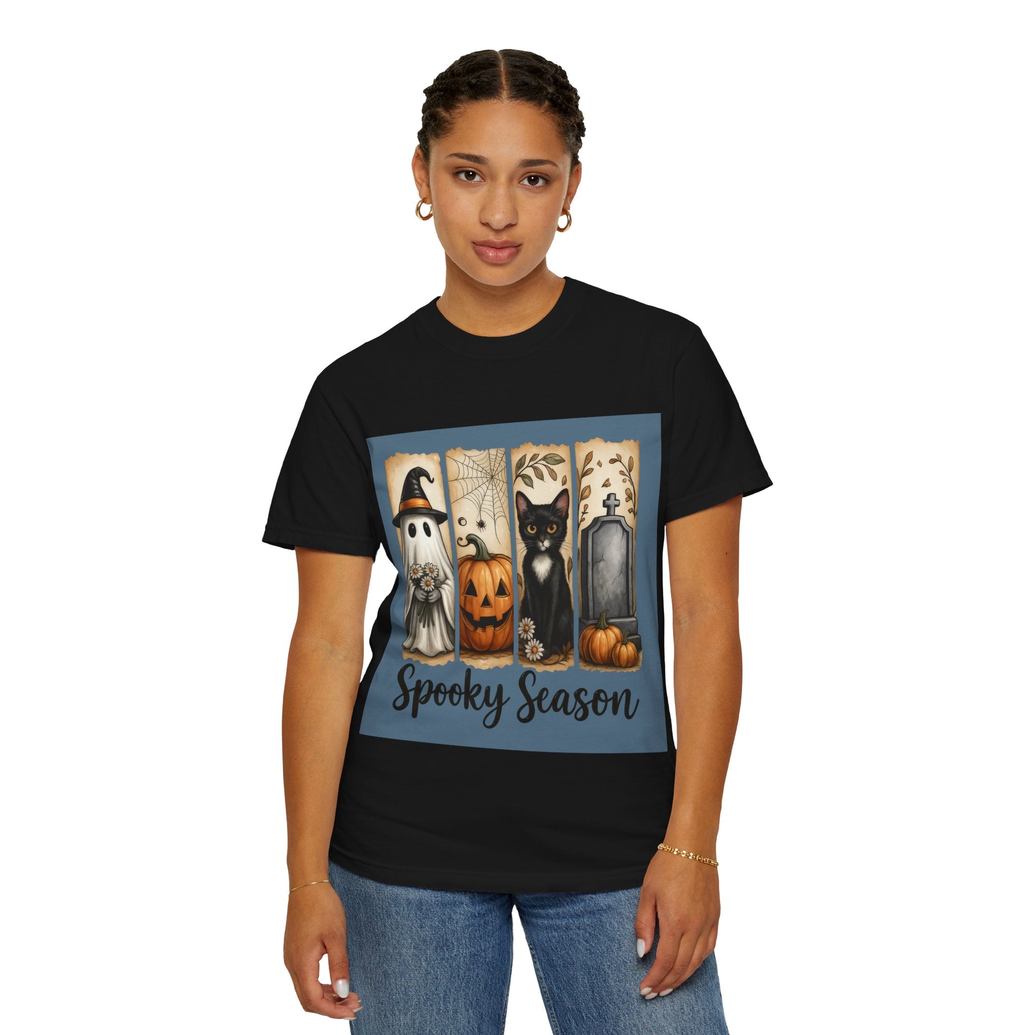 Spooky Season Halloween Unisex T-Shirt – Ghost, Cat & Pumpkin Design