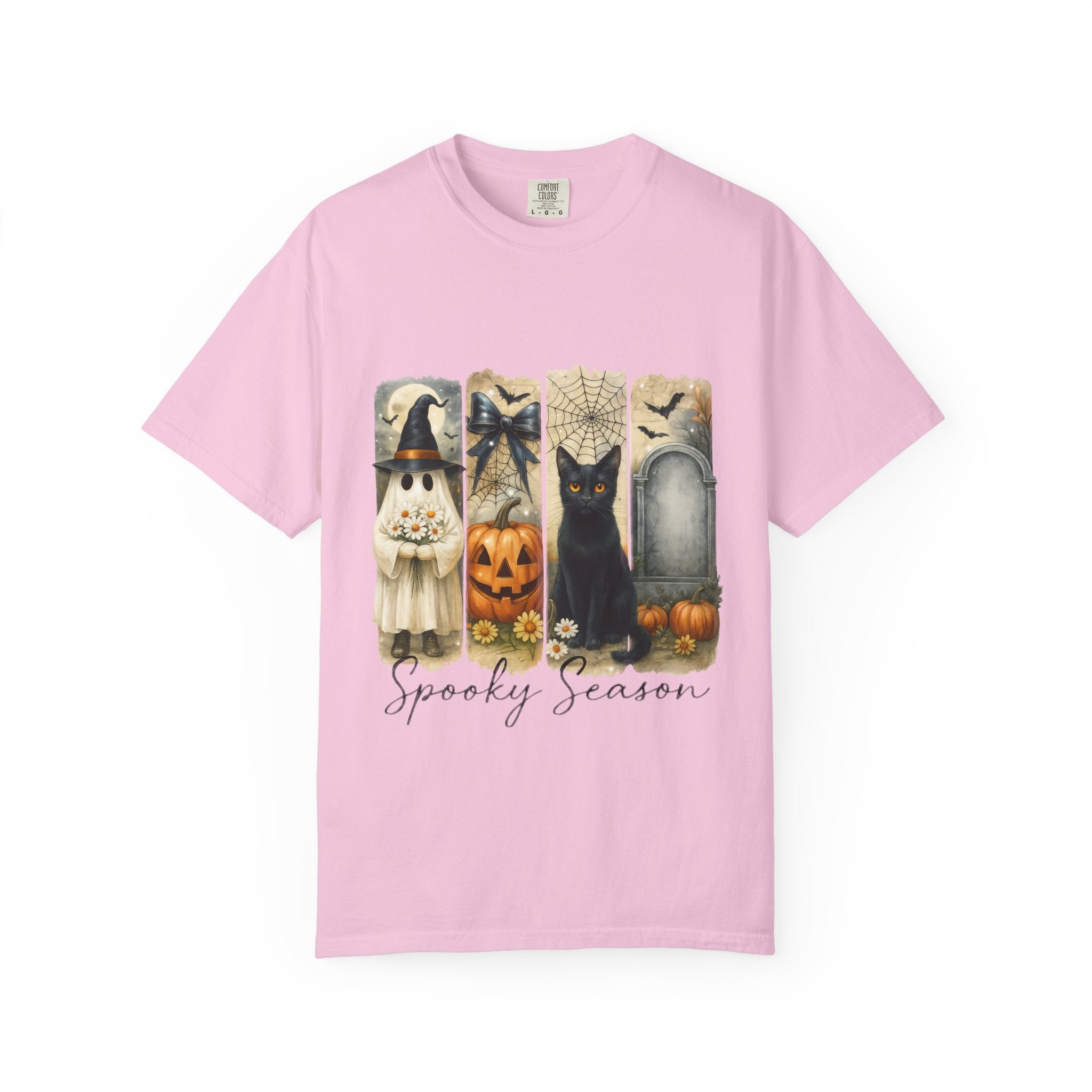 Spooky Season Halloween Unisex T-Shirt – Ghost, Black Cat & Pumpkin Design