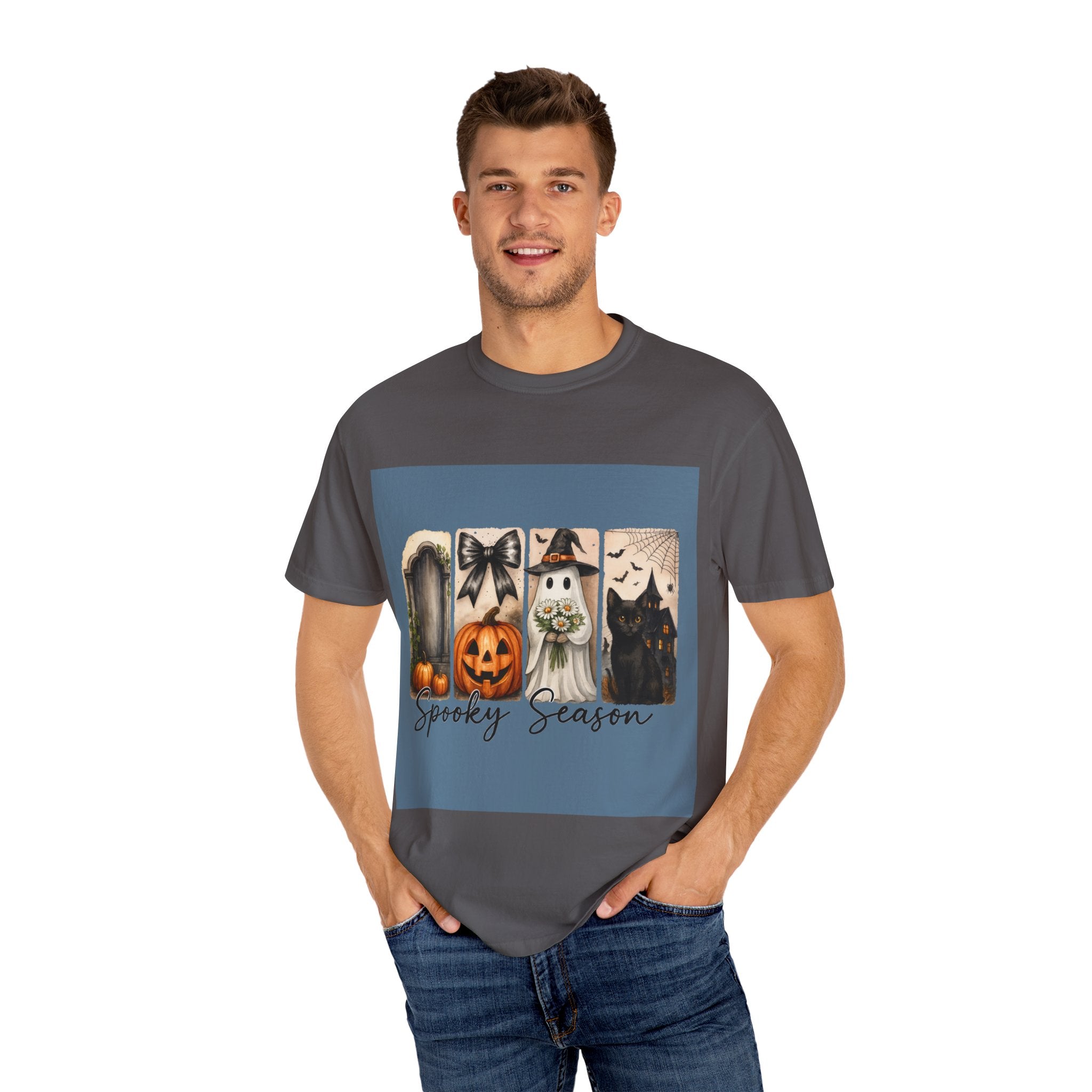 Spooky Season Unisex Halloween T-Shirt – Ghost, Black Cat, Pumpkin & Haunted House Art