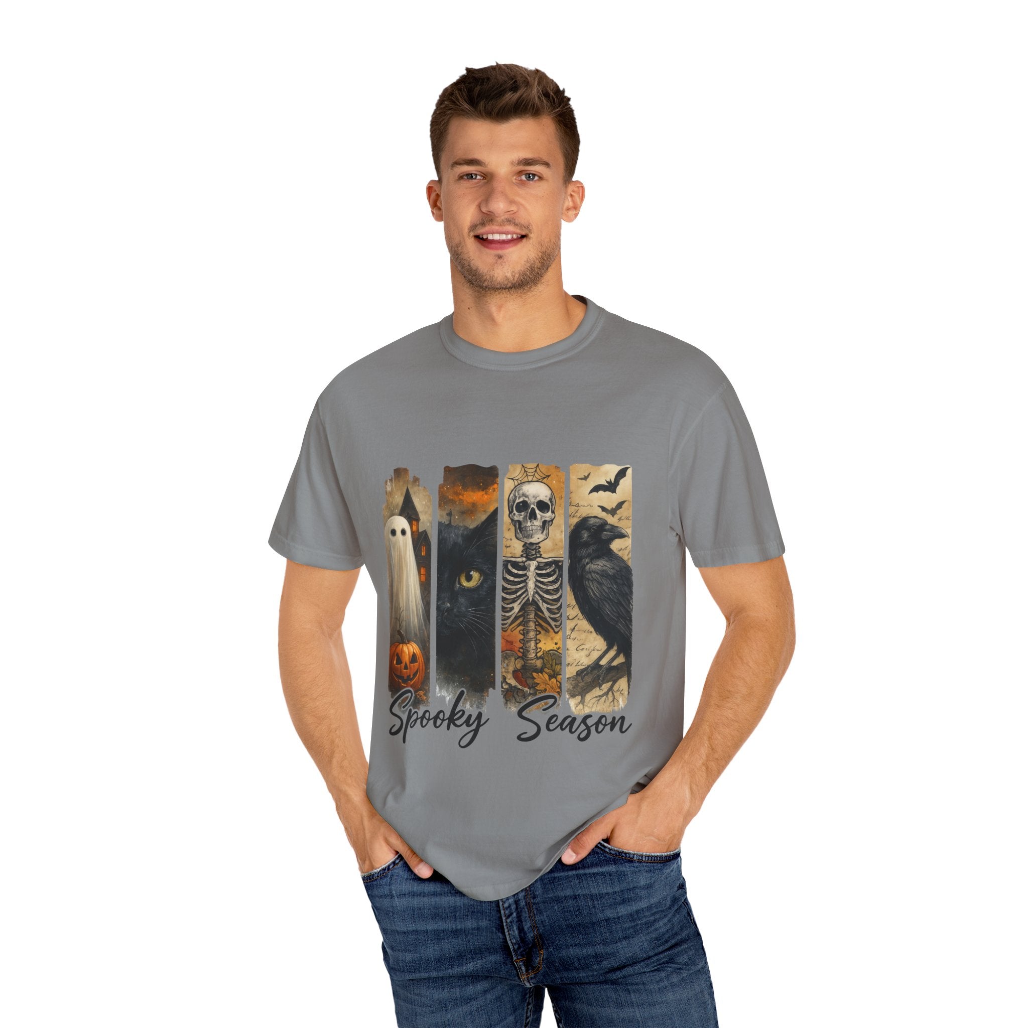 Spooky Season Gothic Halloween T-Shirt – Ghost, Black Cat, Skeleton & Raven Design