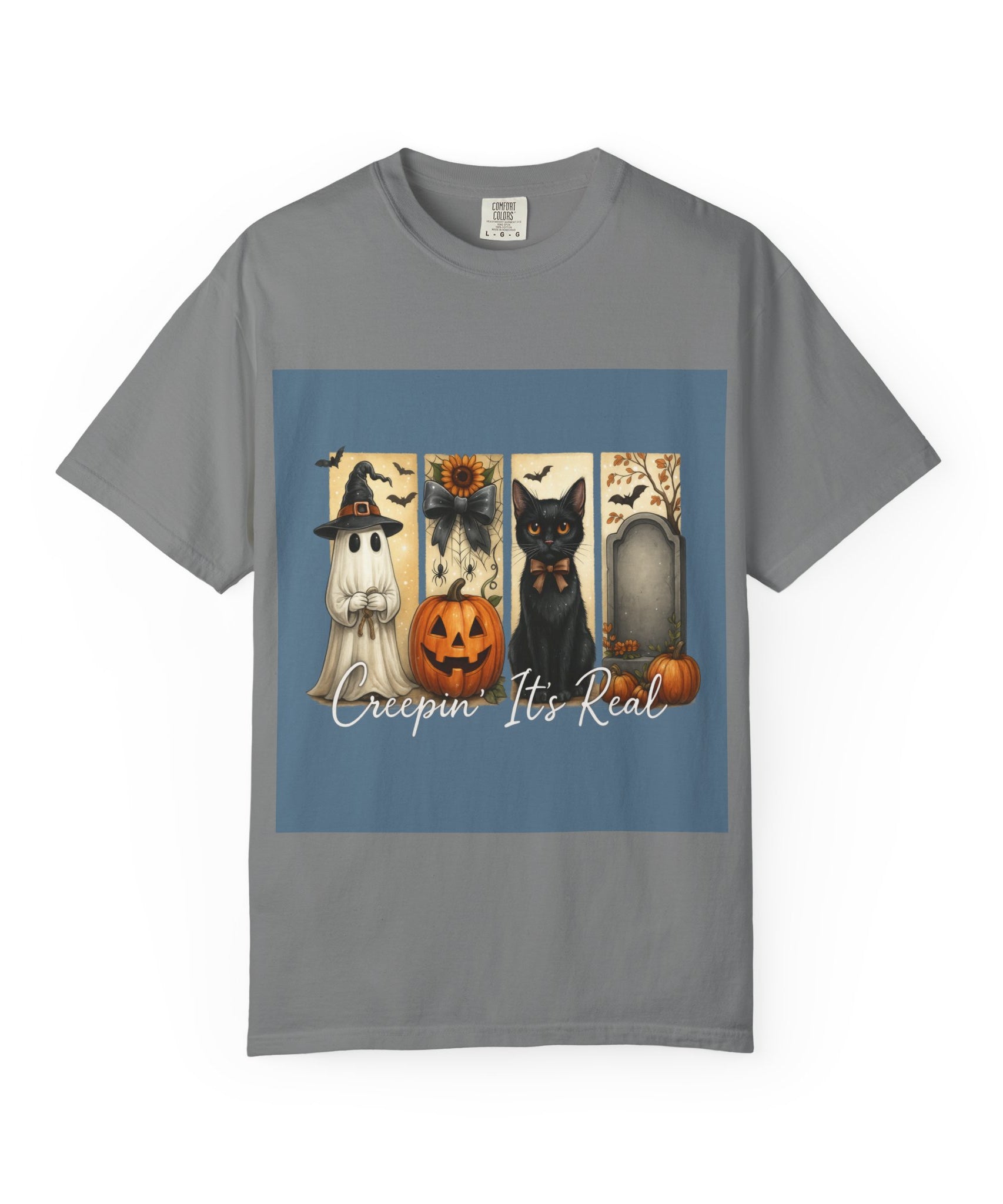 Creepin’ It’s Real Halloween T-Shirt – Cute Ghost, Pumpkin, Black Cat & Tombstone Design - Gallory Hive