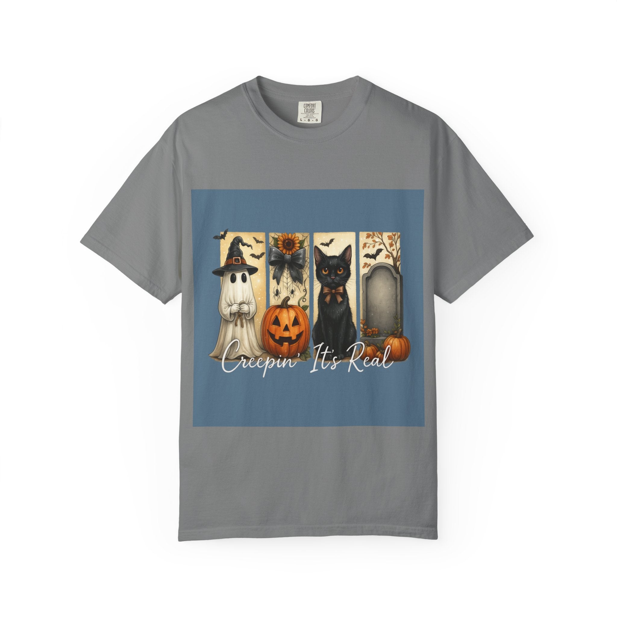 Creepin’ It’s Real Halloween T-Shirt – Cute Ghost, Pumpkin, Black Cat & Tombstone Design
