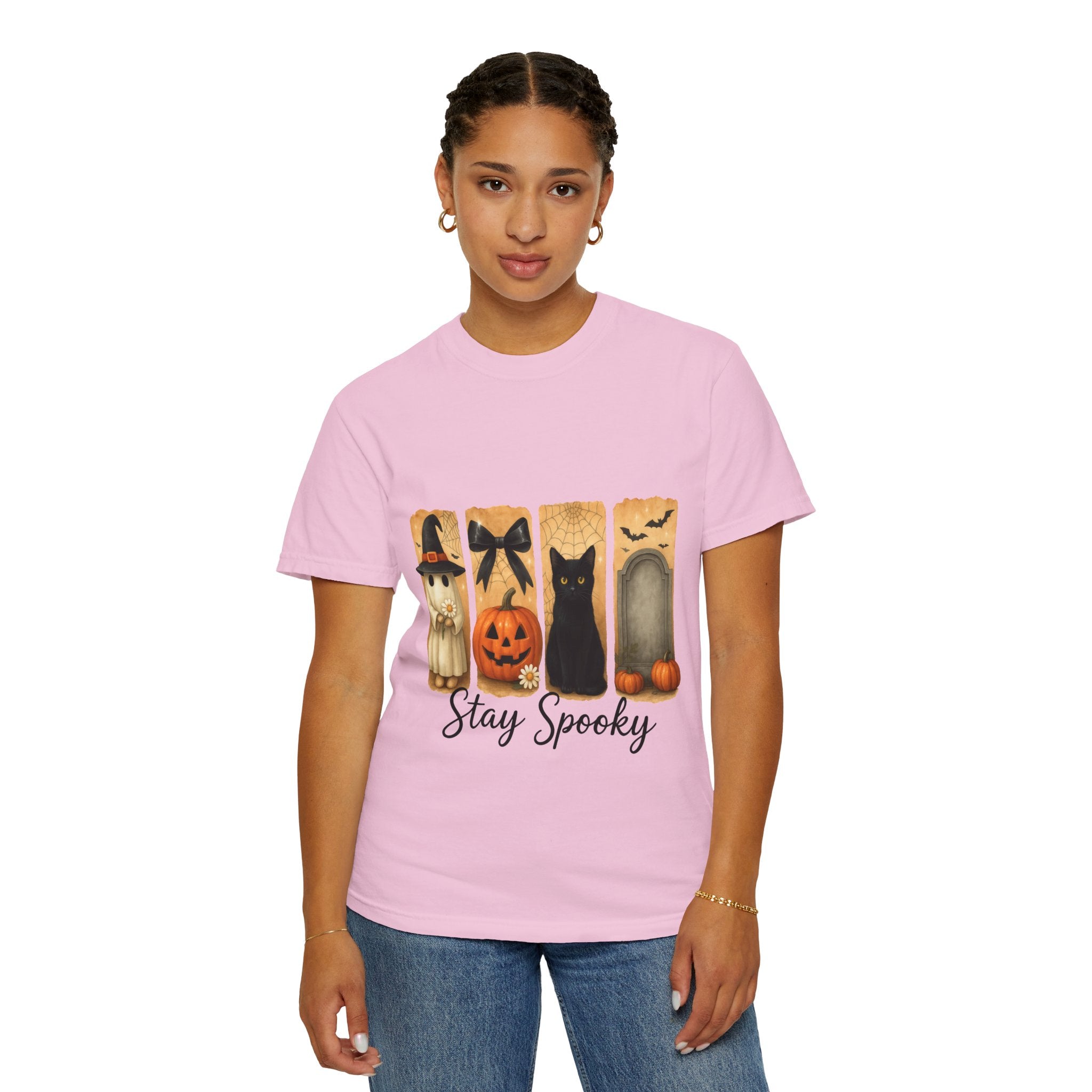 Cute Halloween T-Shirt – Ghost in Witch Hat, Pumpkin, Black Cat & Tombstone Design