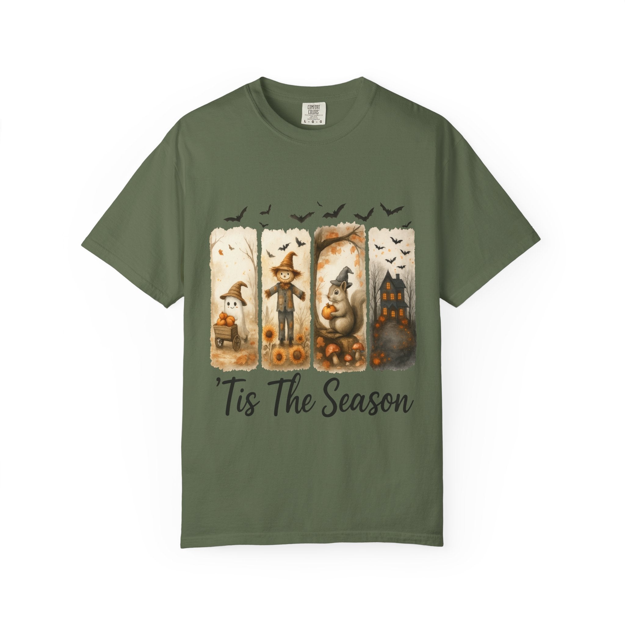 Tis The Season Fall Halloween T-Shirt – Cute Ghost, Scarecrow, Squirrel & Haunted House Design