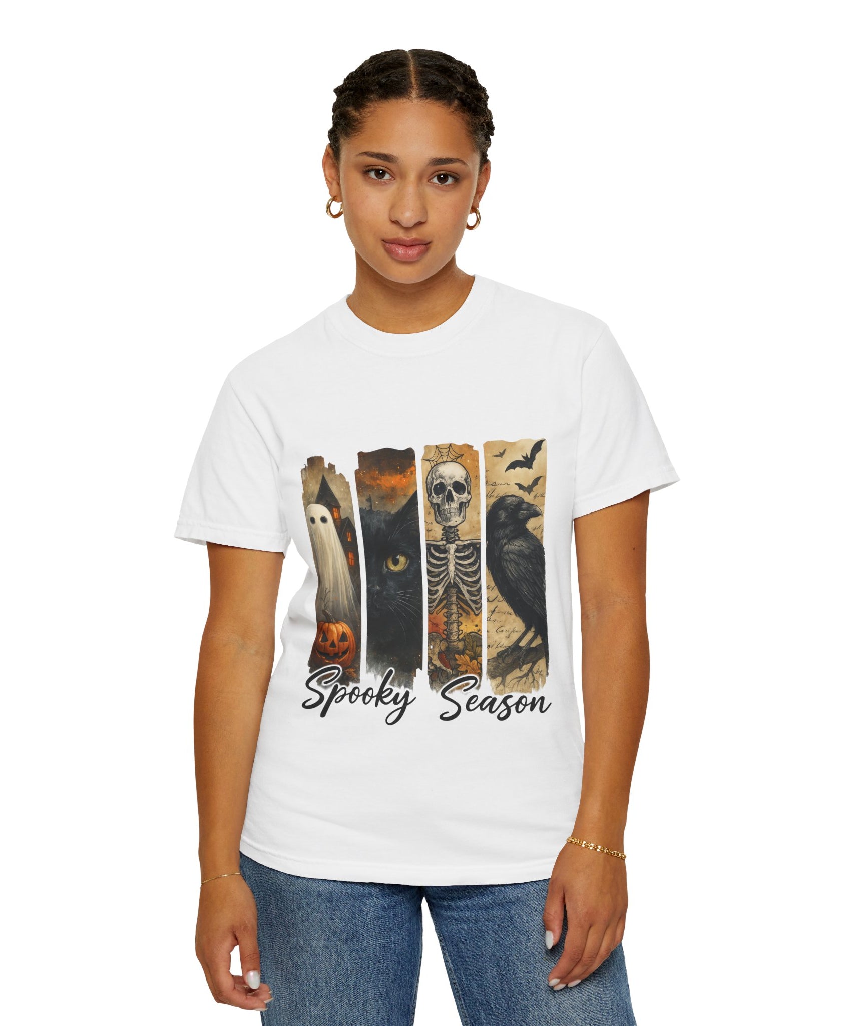Spooky Season Gothic Halloween T-Shirt – Ghost, Black Cat, Skeleton & Raven Design - Gallory Hive