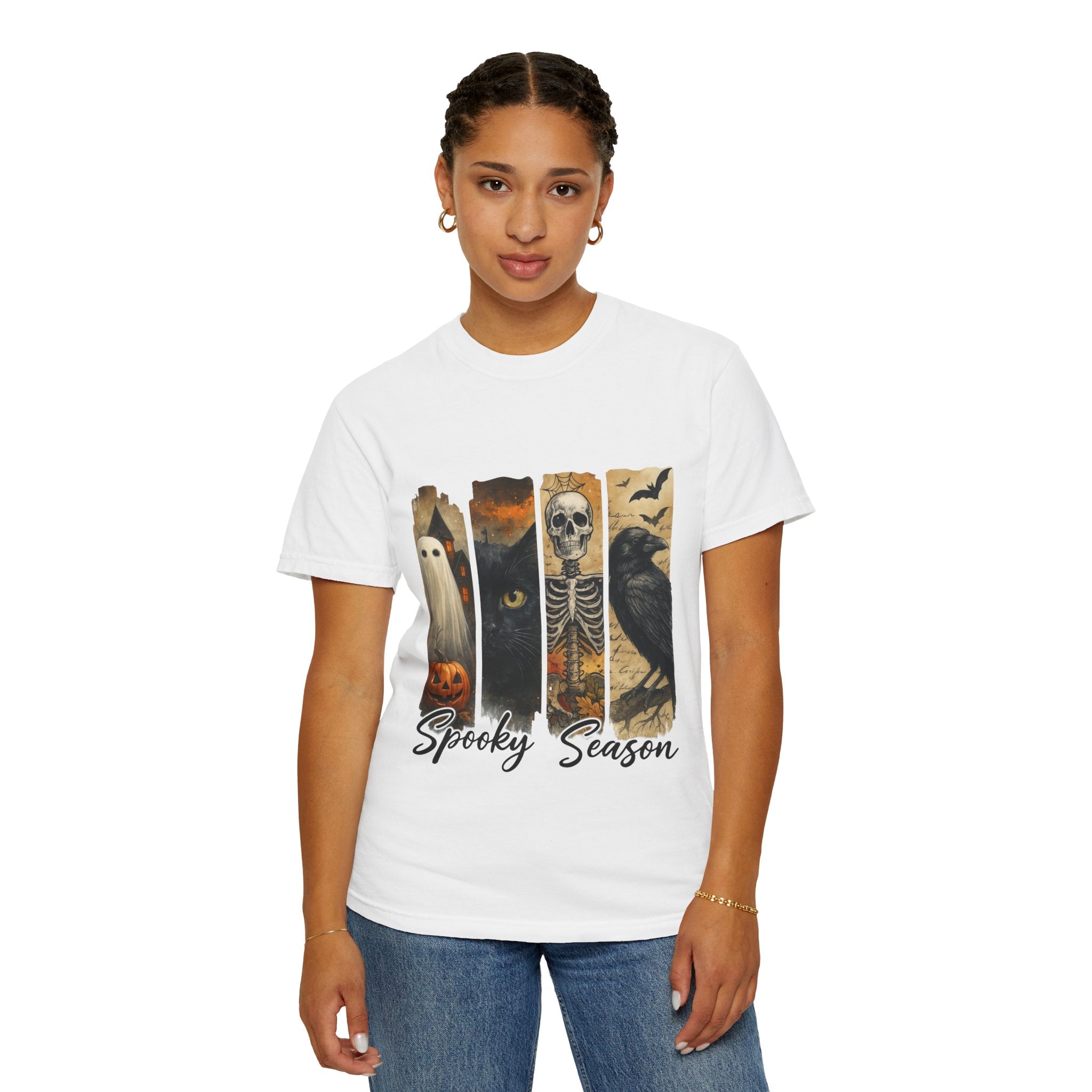 Spooky Season Gothic Halloween T-Shirt – Ghost, Black Cat, Skeleton & Raven Design