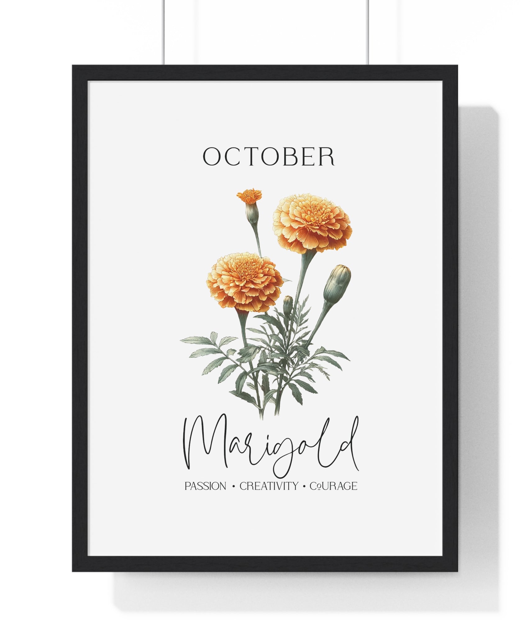October Birth Month Flower Wall Art – Marigold Illustration in Wooden Frame | Passion, Creativity & Courage