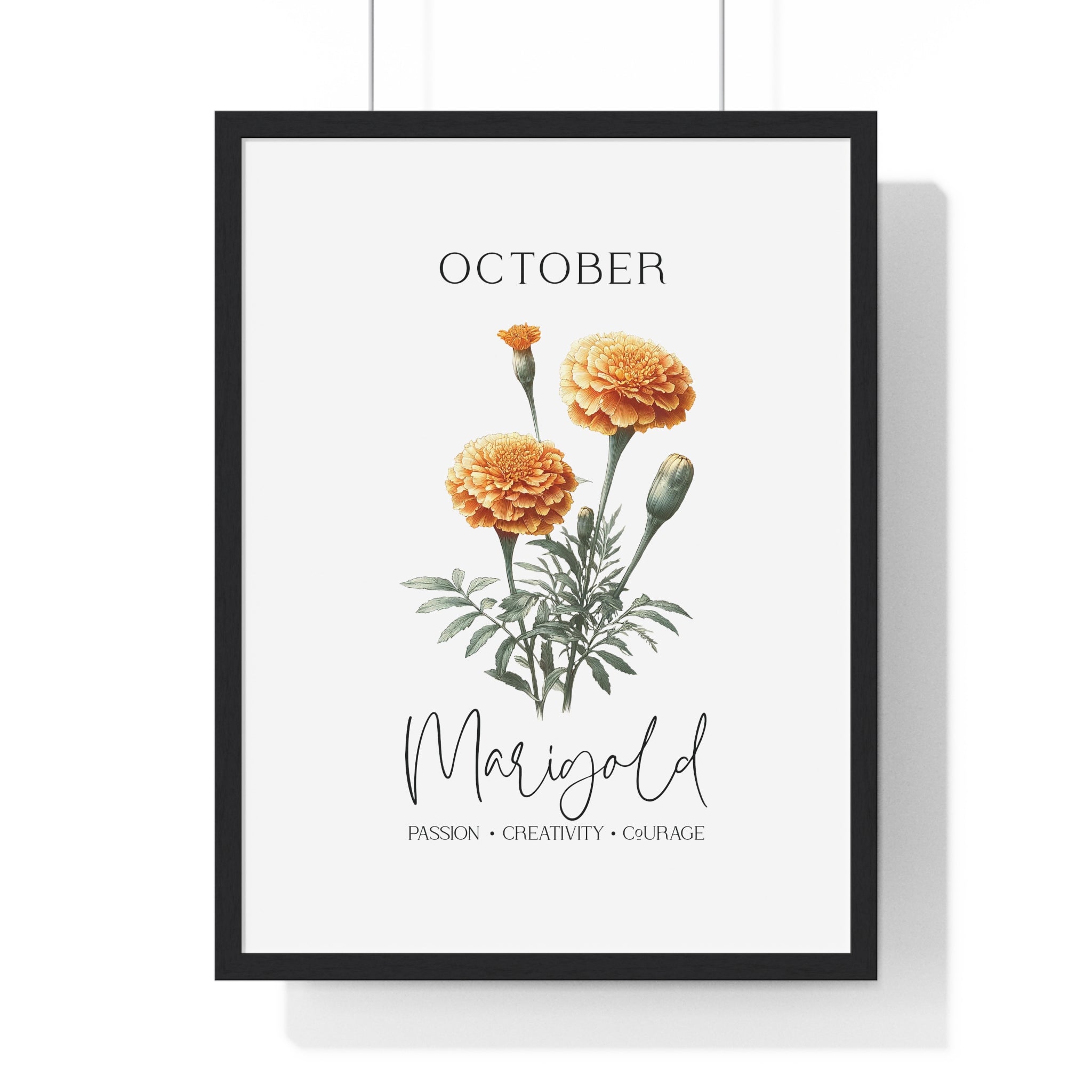 October Birth Month Flower Wall Art – Marigold Illustration in Wooden Frame | Passion, Creativity & Courage