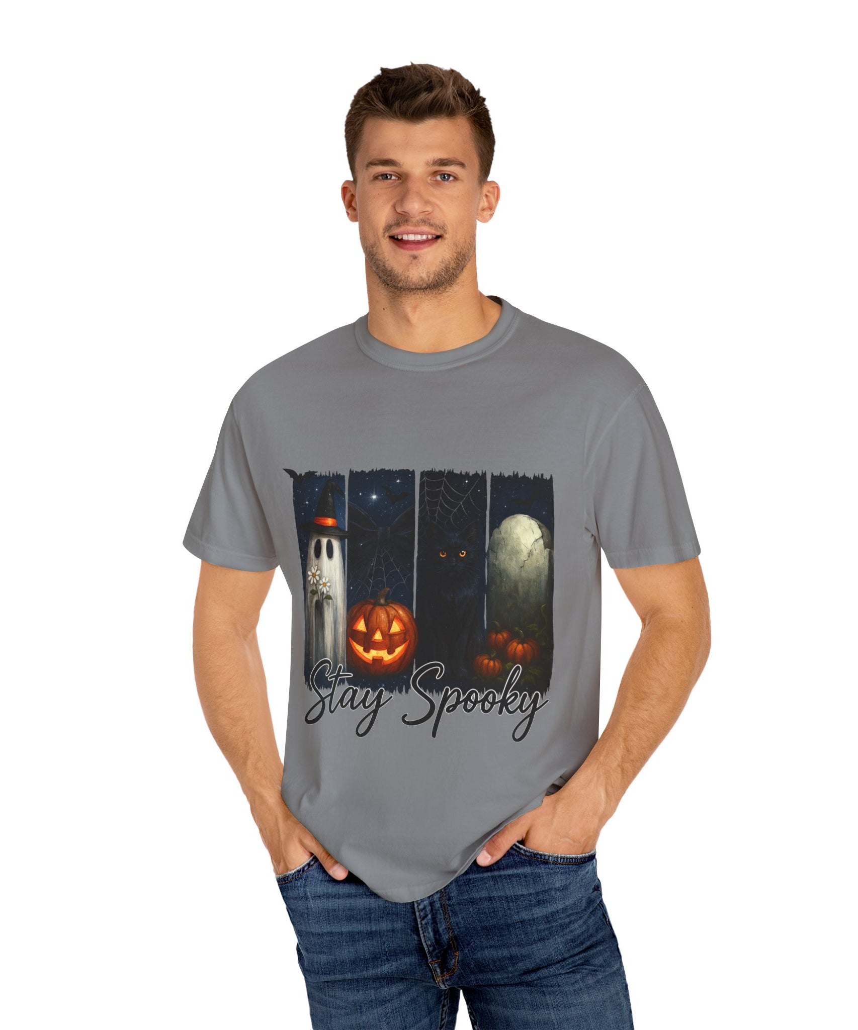 Stay Spooky Halloween T-Shirt – Cute Ghost, Black Cat, Pumpkin & Graveyard Design - Gallory Hive