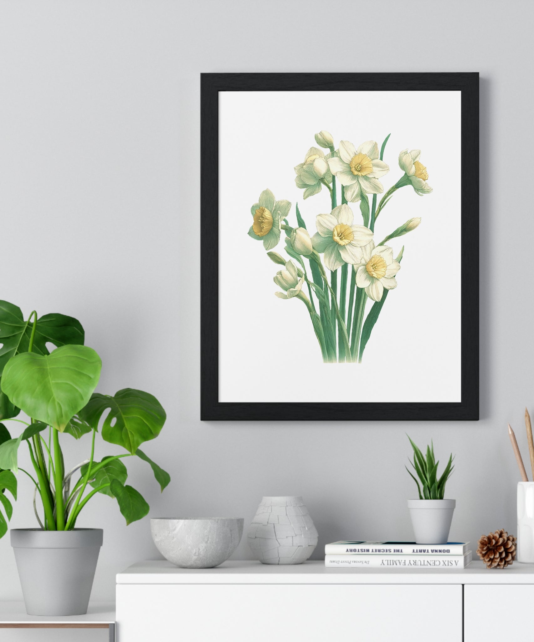 December Birth Month Flower Wall Art – Narcissus Botanical Illustration in Wooden Frame | Hope, Good Fortune & Renewal