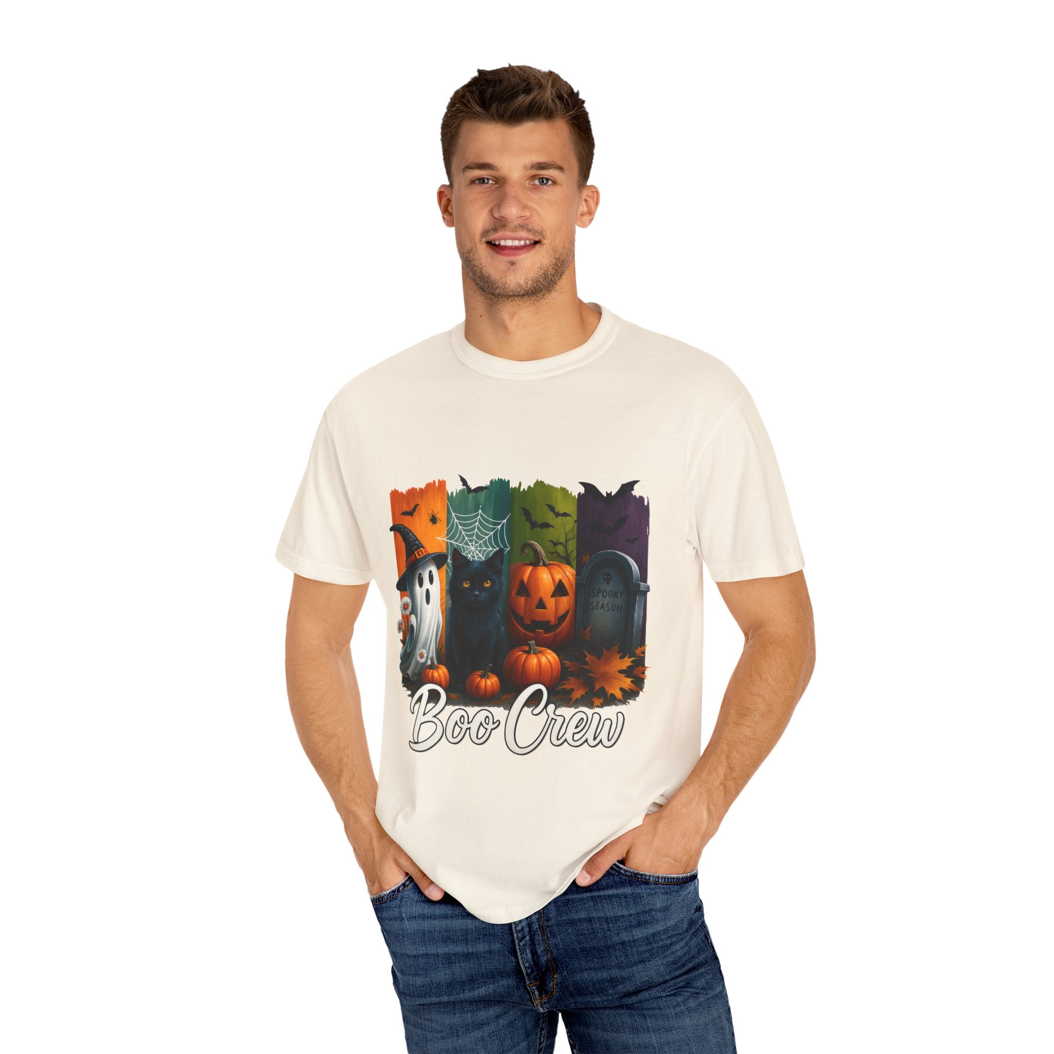 Boo Crew Halloween Unisex T-Shirt – Cute Ghost, Black Cat, Pumpkin & Tombstone Design