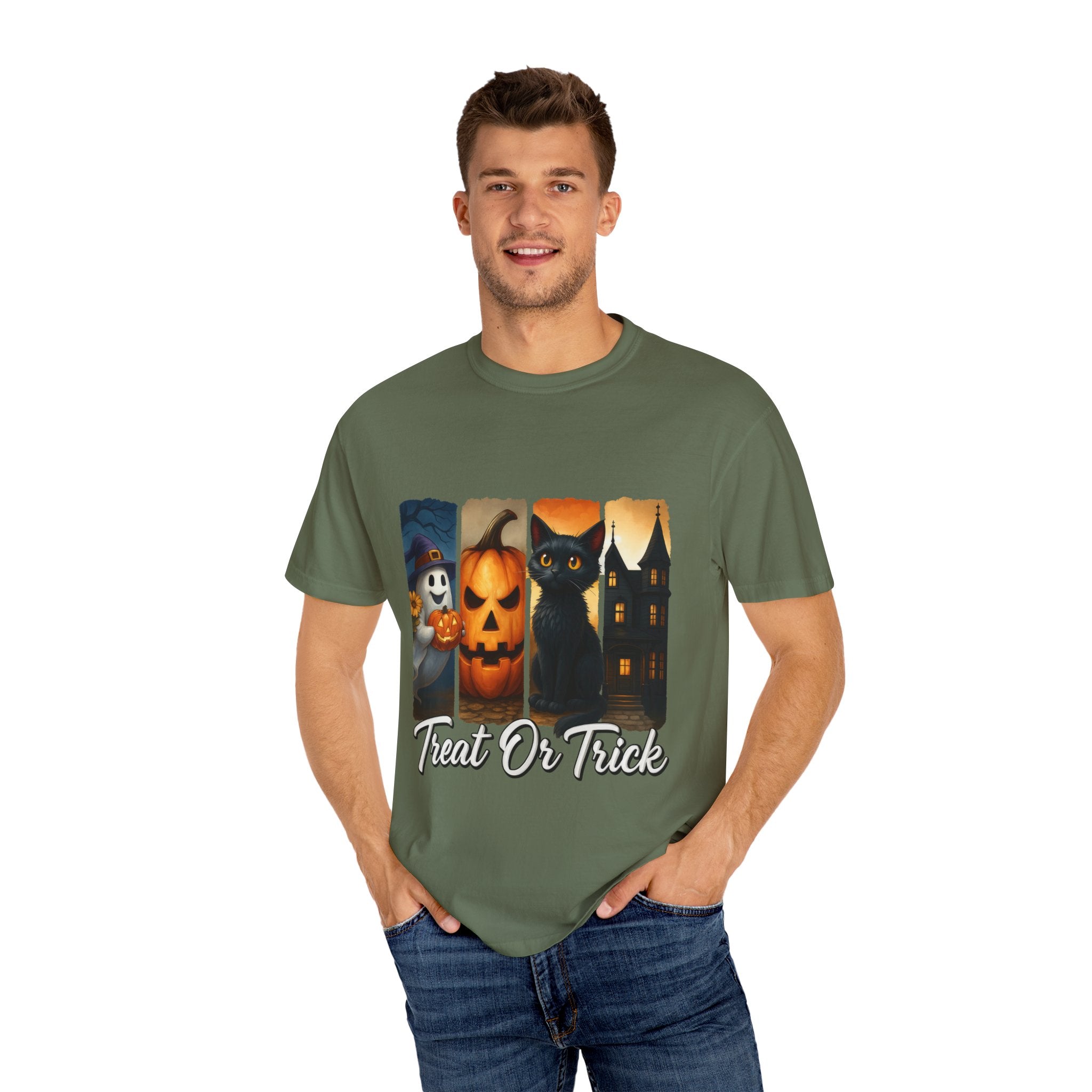 Treat Or Trick Halloween T-Shirt – Cute Ghost, Pumpkin, Black Cat & Haunted House Design