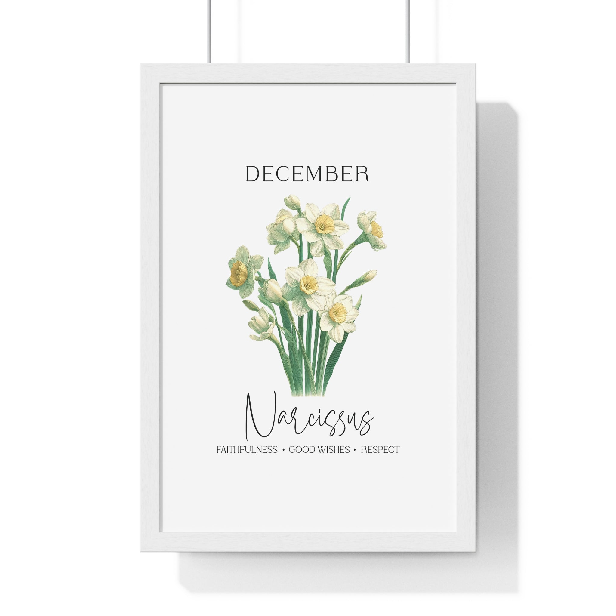 December Birth Month Flower Wall Art – Narcissus Illustration in Wooden Frame | Faithfulness, Good Wishes & Respect
