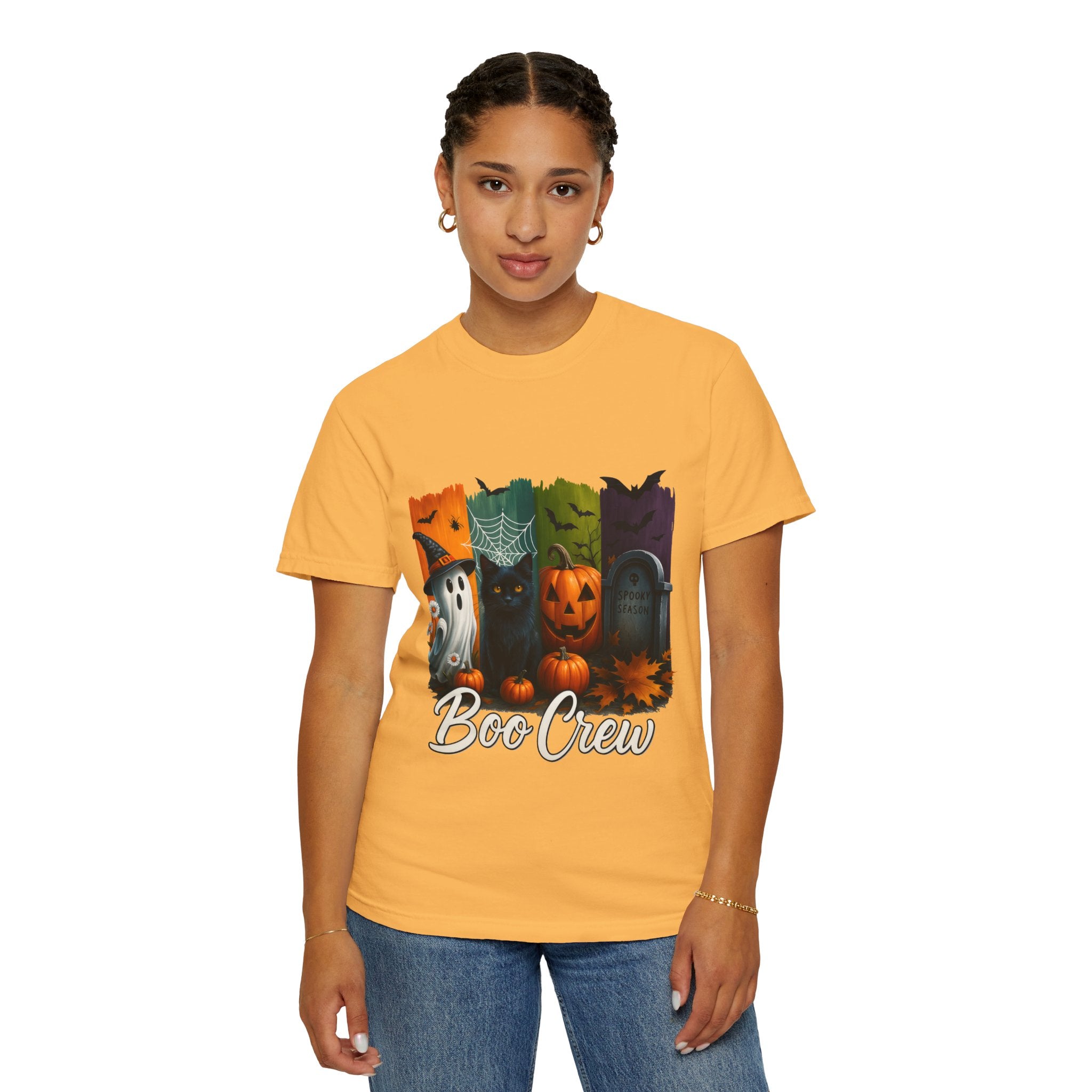 Boo Crew Halloween Unisex T-Shirt – Cute Ghost, Black Cat, Pumpkin & Tombstone Design