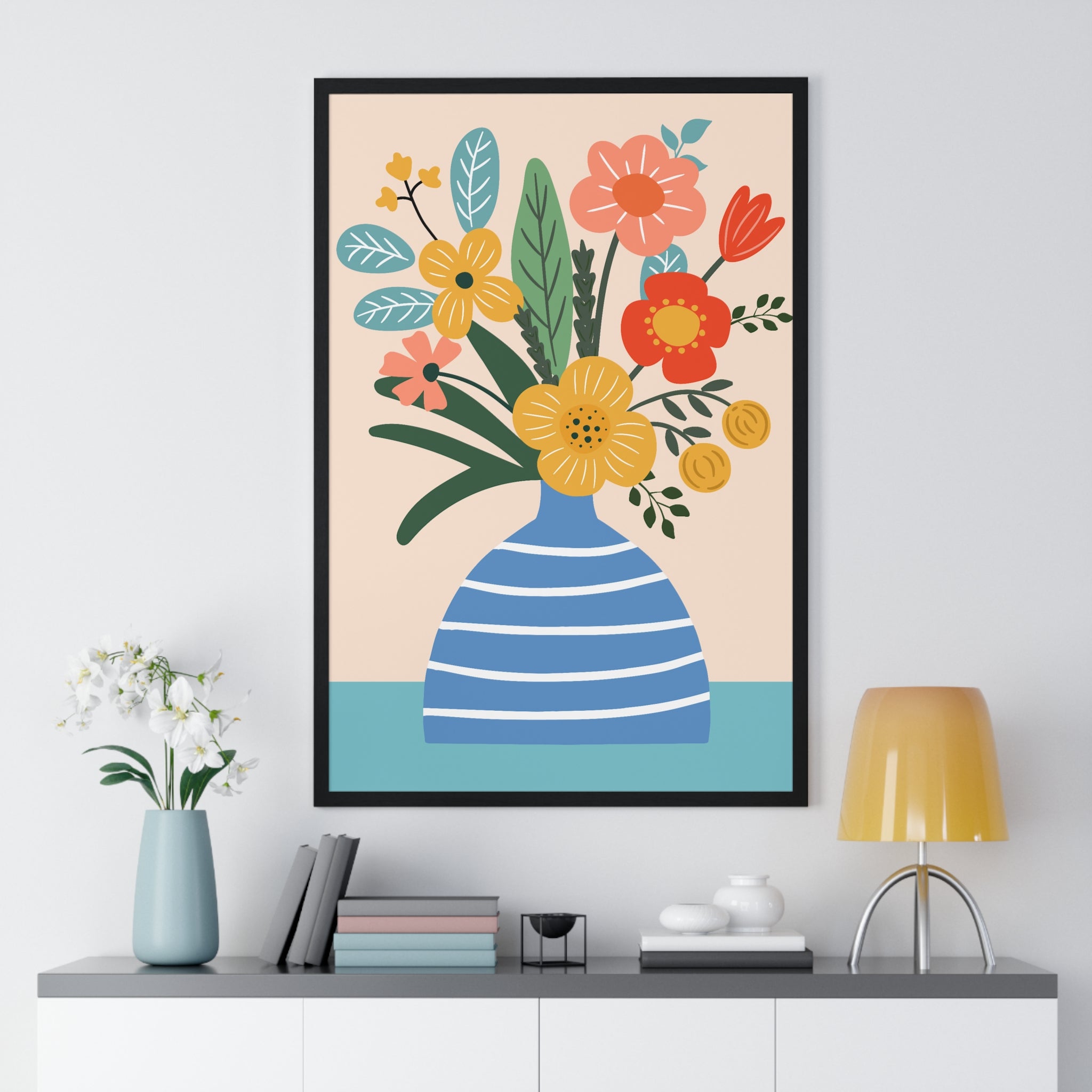 Colorful Floral Bouquet in Blue Striped Vase Art Print