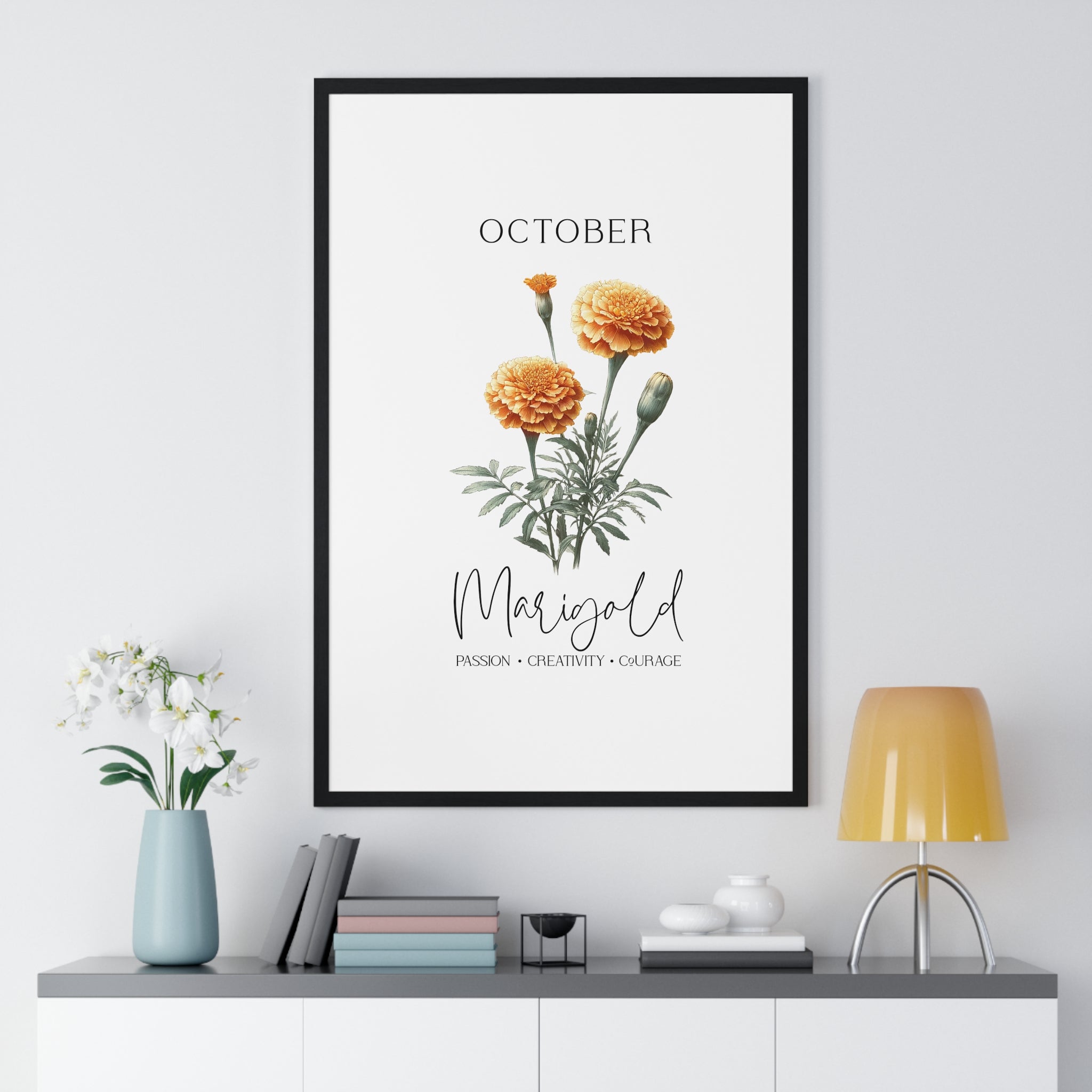 October Birth Month Flower Wall Art – Marigold Illustration in Wooden Frame | Passion, Creativity & Courage