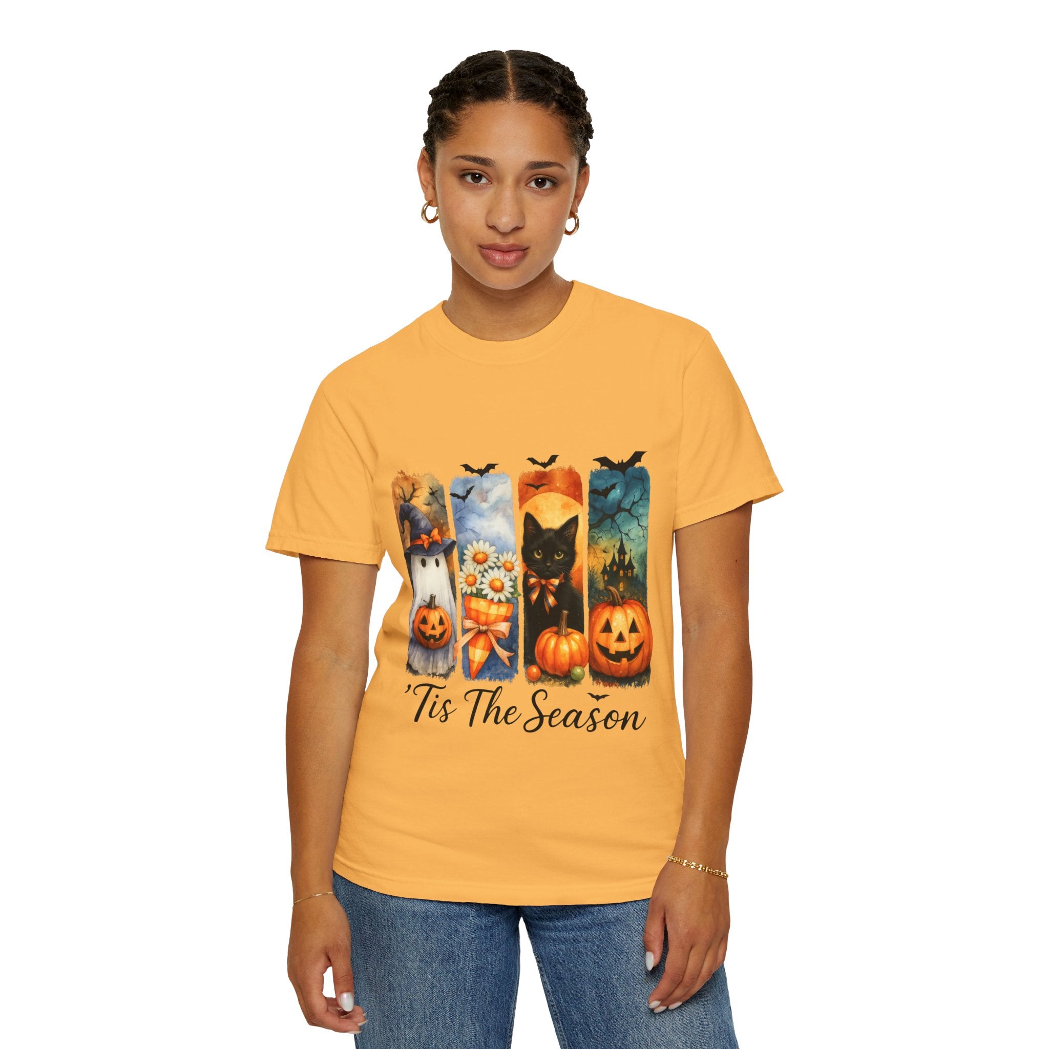 Whimsical Halloween T-Shirt – Ghost, Black Cat, Pumpkins & Haunted House Design