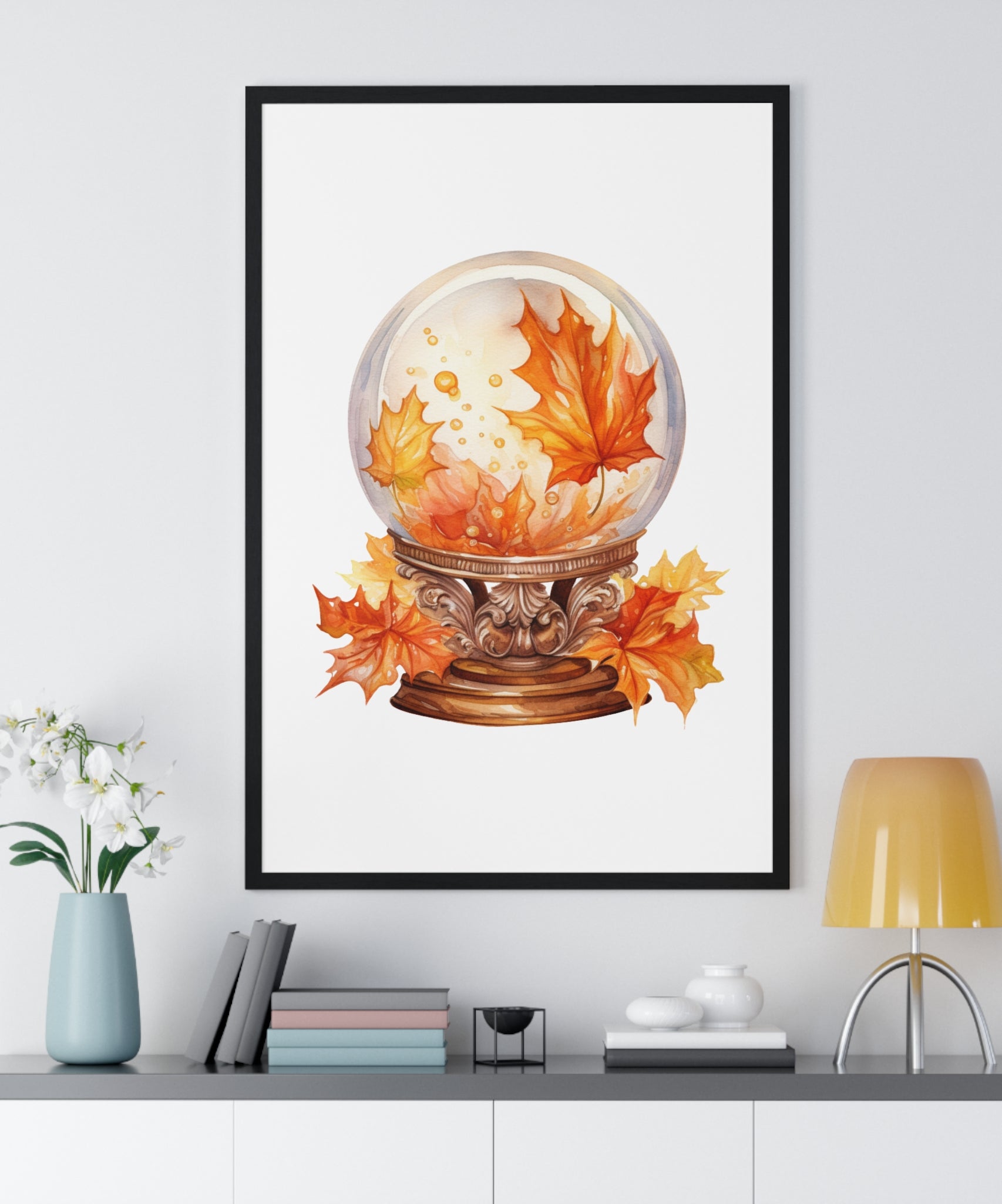 Floating Leaves Snow Globe Wall Art – Ornate Autumn Fantasy Poster | Wooden Frame Seasonal Home Decor