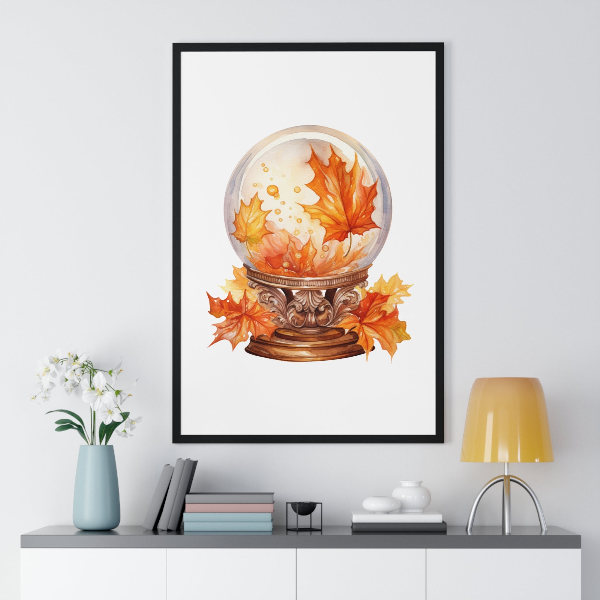 Floating Leaves Snow Globe Wall Art – Ornate Autumn Fantasy Poster | Wooden Frame Seasonal Home Decor