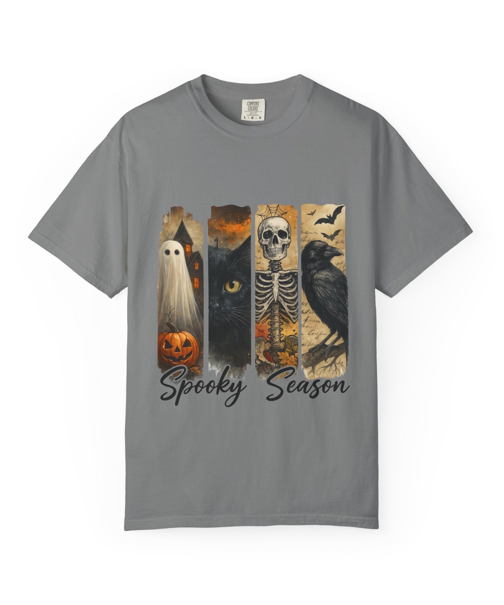 Spooky Season Gothic Halloween T-Shirt – Ghost, Black Cat, Skeleton & Raven Design - Gallory Hive