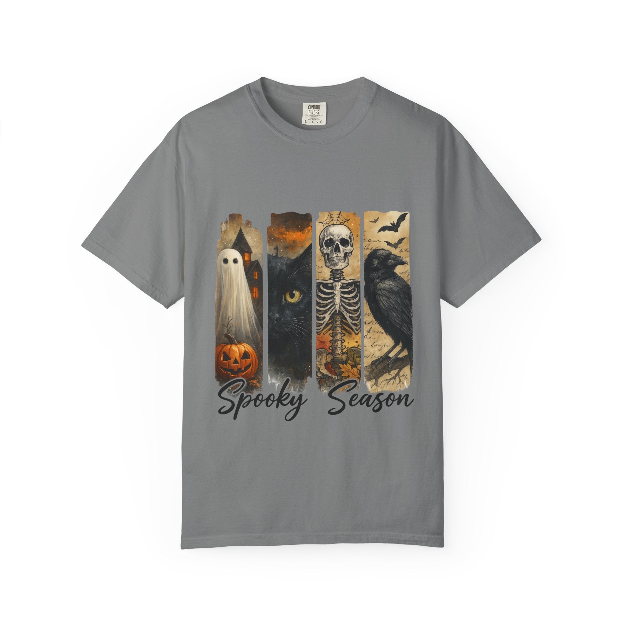Spooky Season Gothic Halloween T-Shirt – Ghost, Black Cat, Skeleton & Raven Design