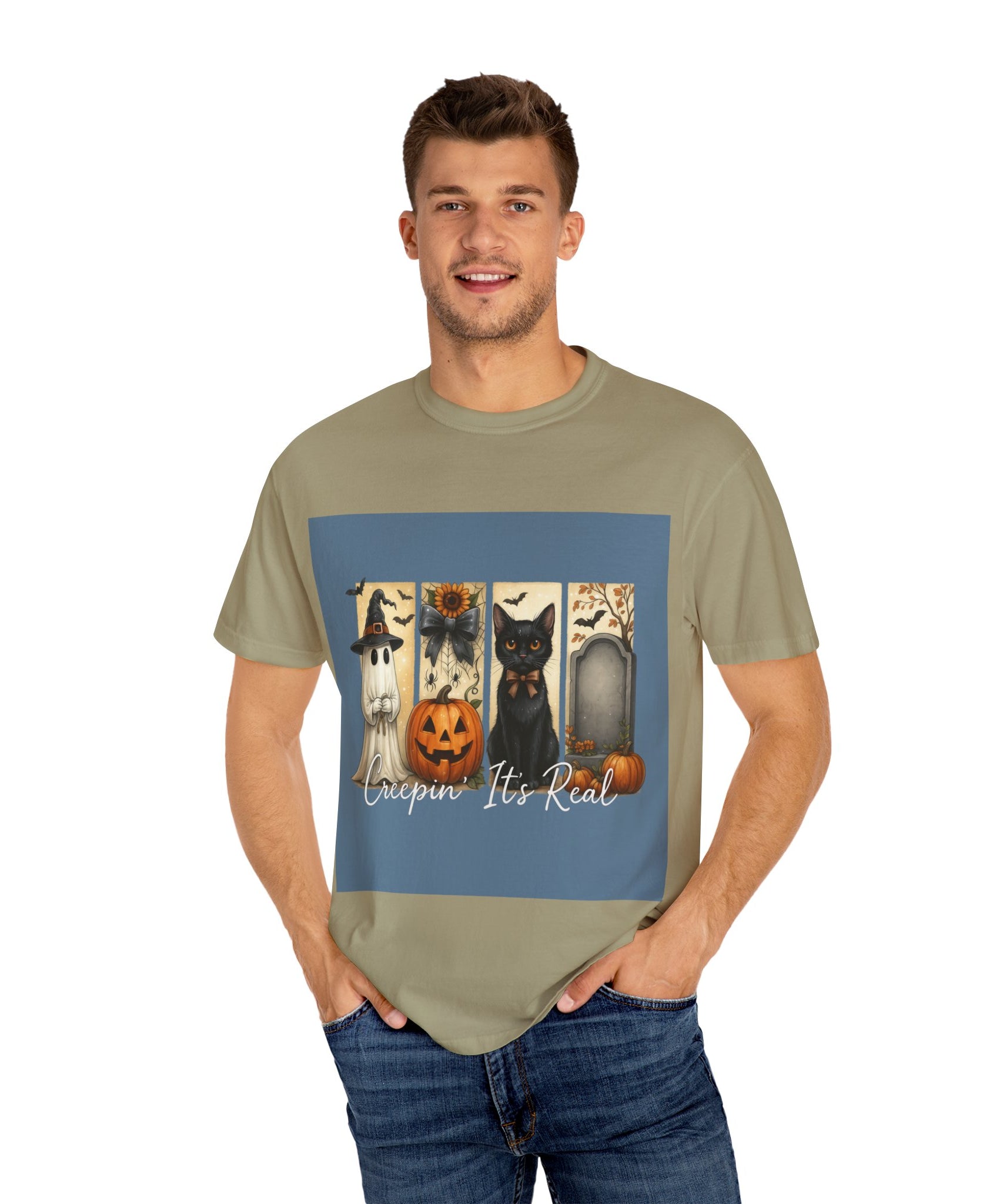Creepin’ It’s Real Halloween T-Shirt – Cute Ghost, Pumpkin, Black Cat & Tombstone Design - Gallory Hive
