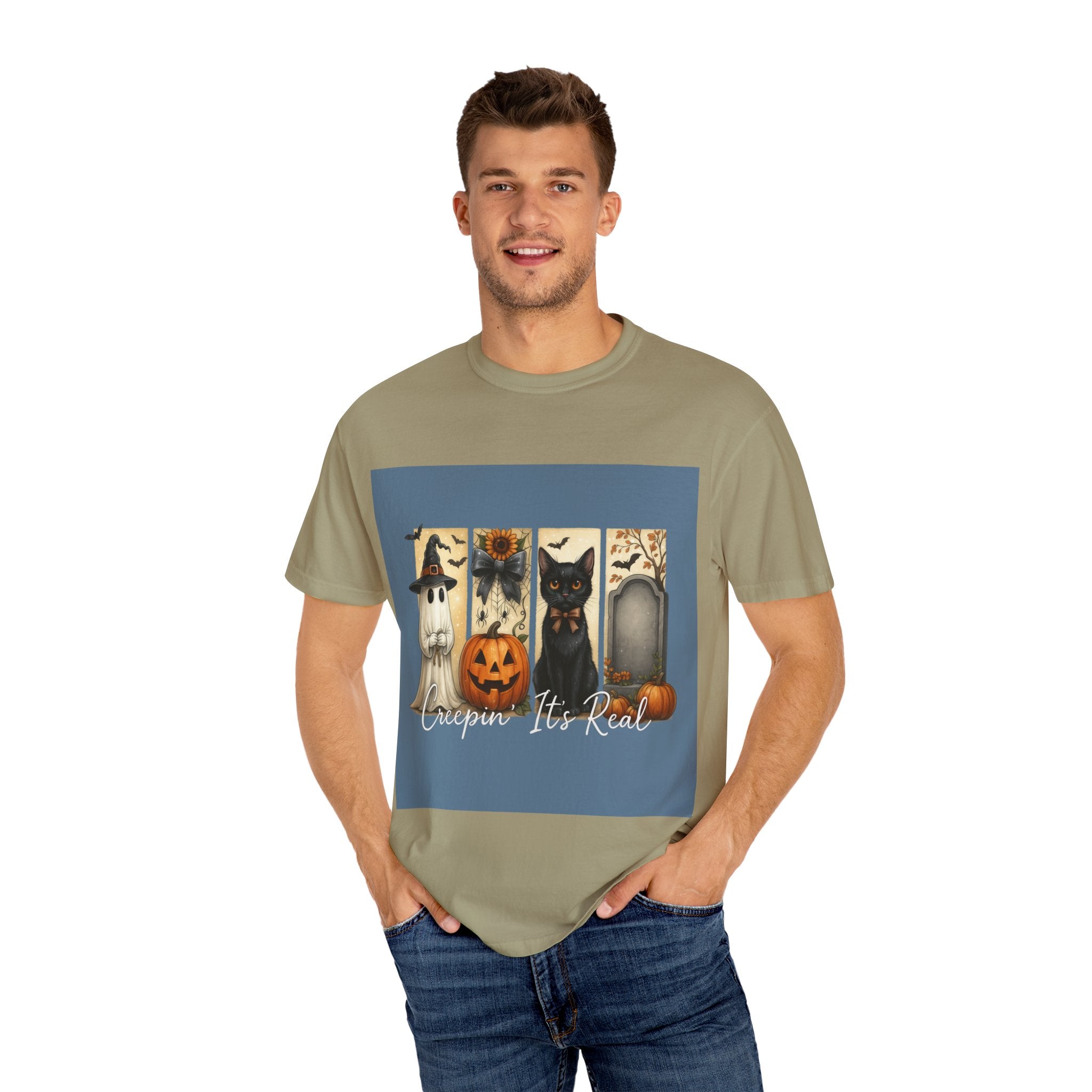 Creepin’ It’s Real Halloween T-Shirt – Cute Ghost, Pumpkin, Black Cat & Tombstone Design