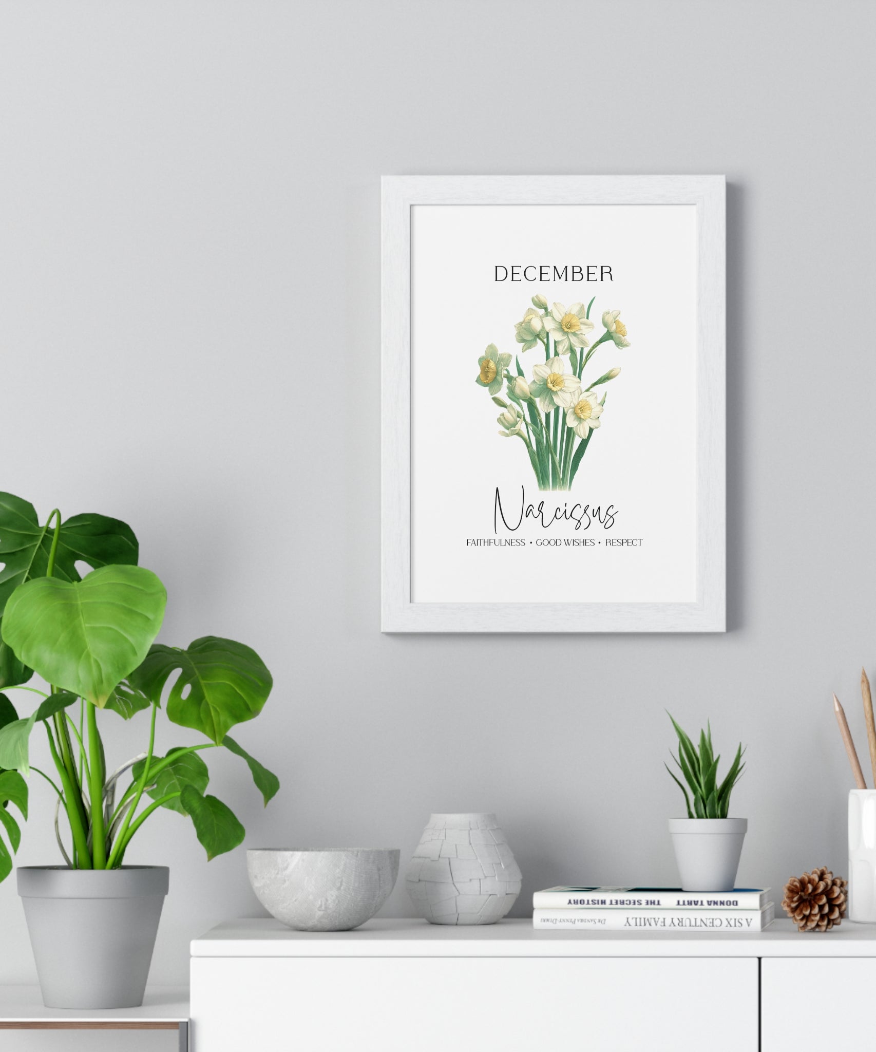 December Birth Month Flower Wall Art – Narcissus Illustration in Wooden Frame | Faithfulness, Good Wishes & Respect