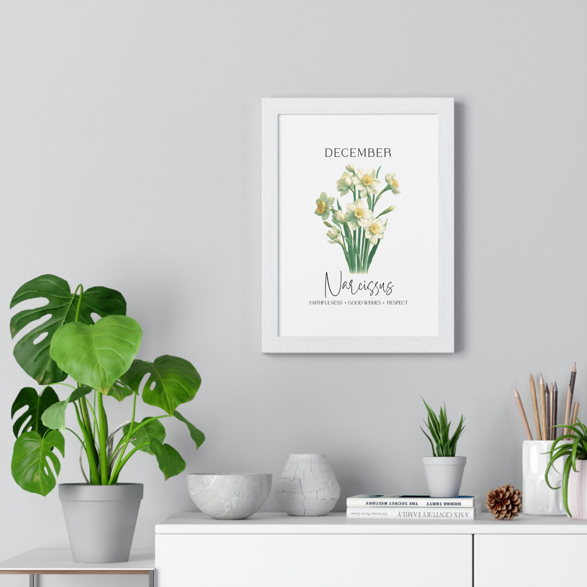 December Birth Month Flower Wall Art – Narcissus Illustration in Wooden Frame | Faithfulness, Good Wishes & Respect