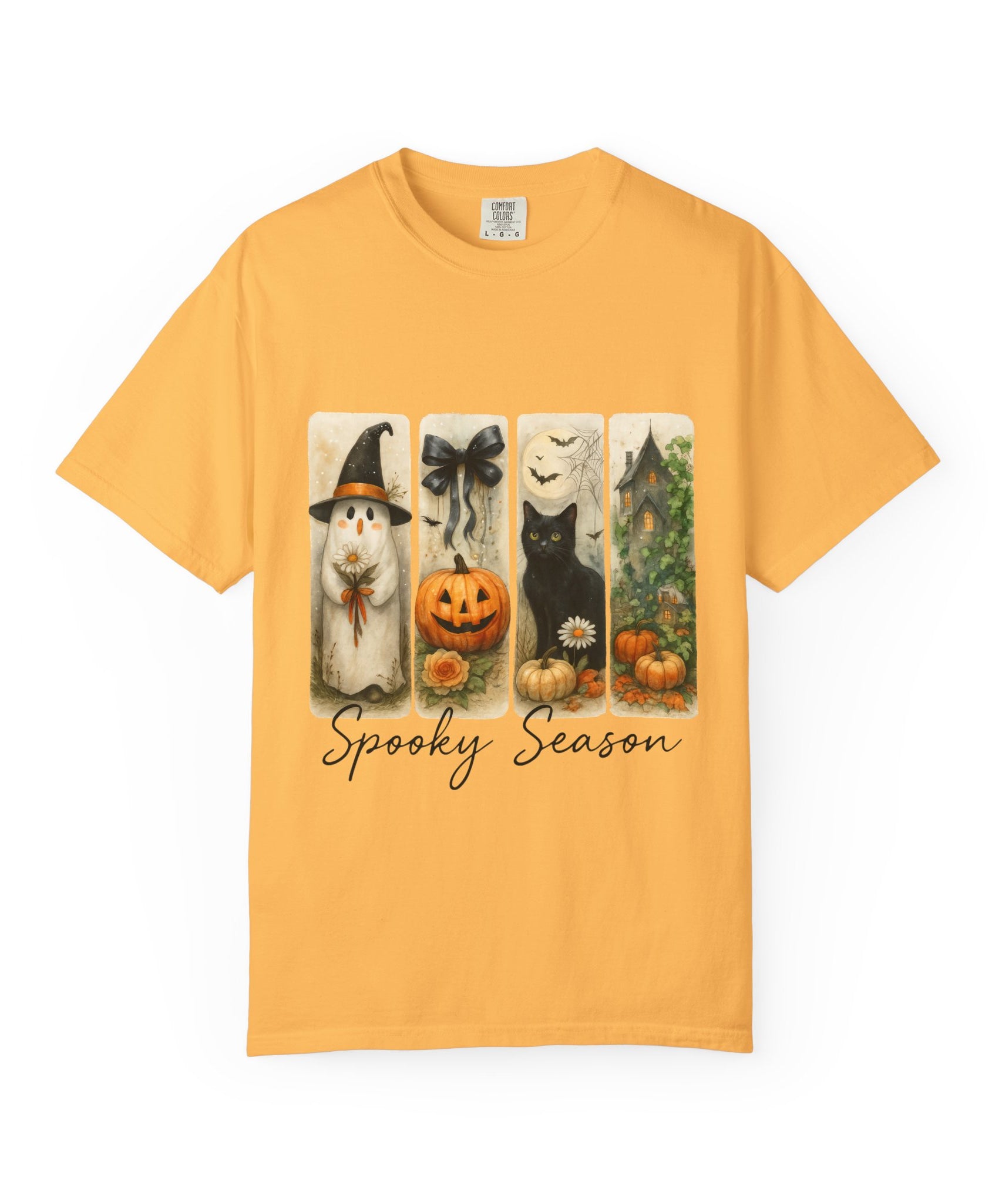 Vintage Halloween Unisex T-Shirt – Cute Ghost, Black Cat, Pumpkin & Haunted House Art - Gallory Hive