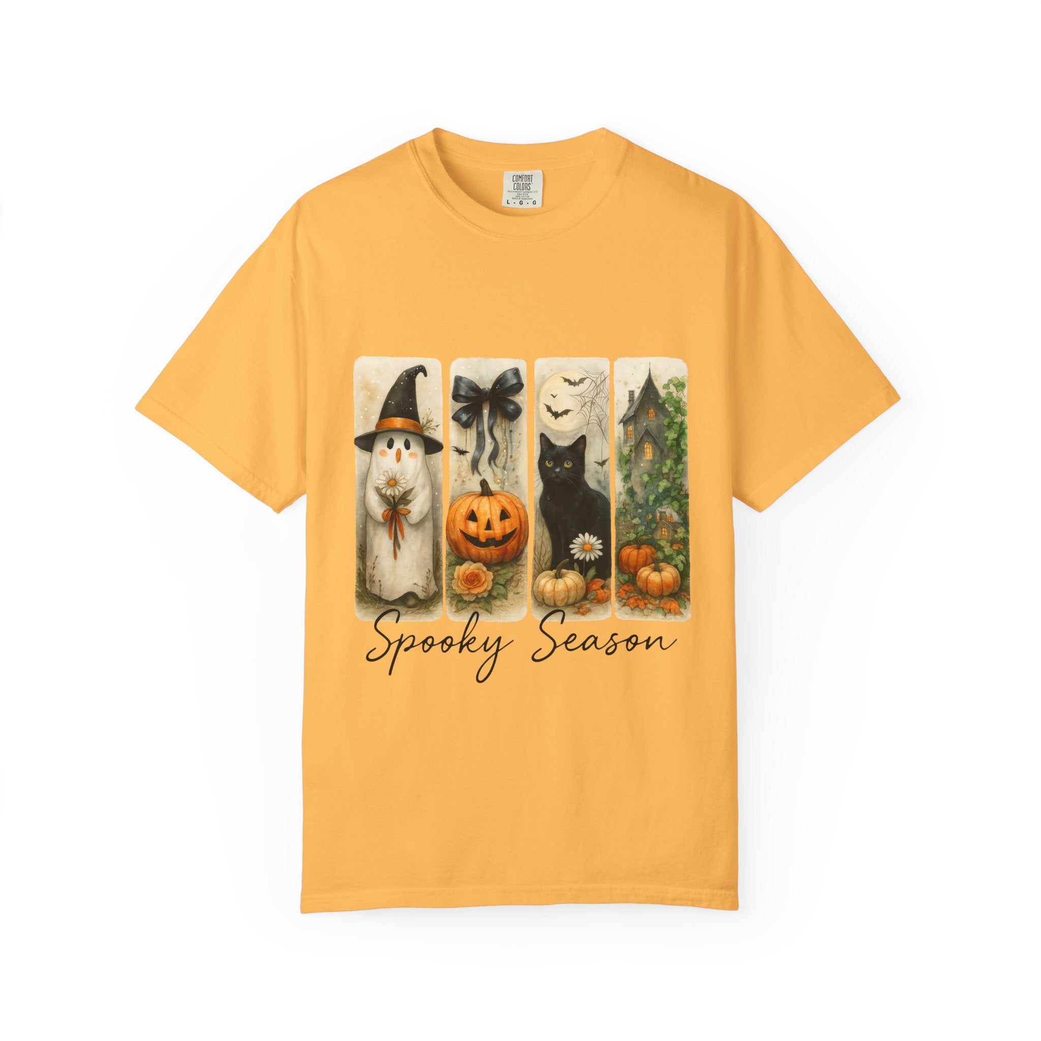 Vintage Halloween Unisex T-Shirt – Cute Ghost, Black Cat, Pumpkin & Haunted House Art