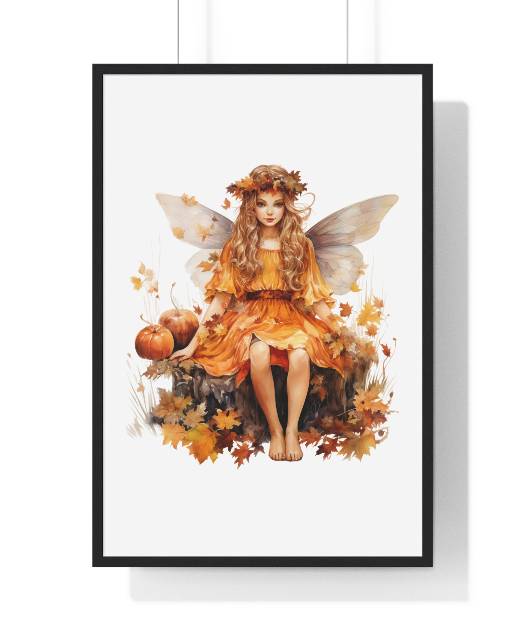 Fall Fairy Wall Art – Orange Dress Woodland Fairy with Pumpkins | Wooden Frame Poster for Autumn Home Decor