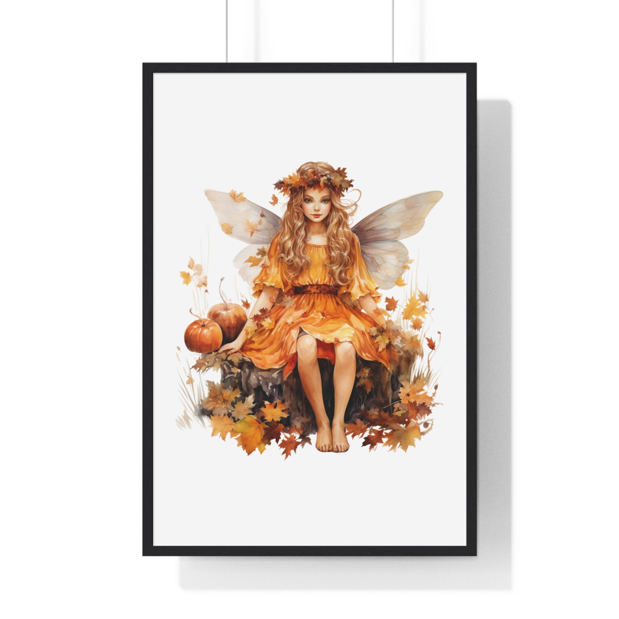 Fall Fairy Wall Art – Orange Dress Woodland Fairy with Pumpkins | Wooden Frame Poster for Autumn Home Decor