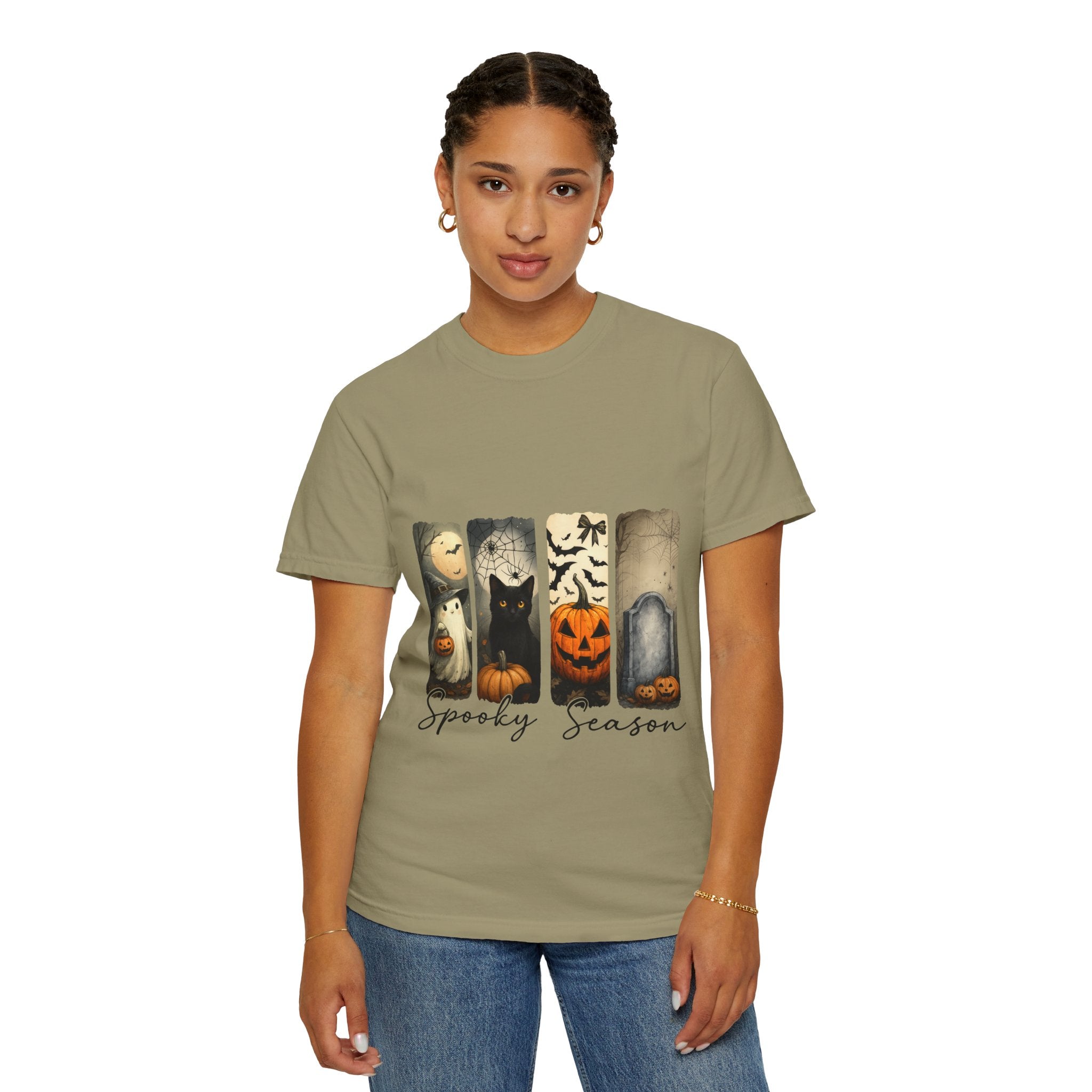 Halloween Night Unisex T-Shirt – Ghost, Black Cat, Pumpkin & Tombstone Vintage Art