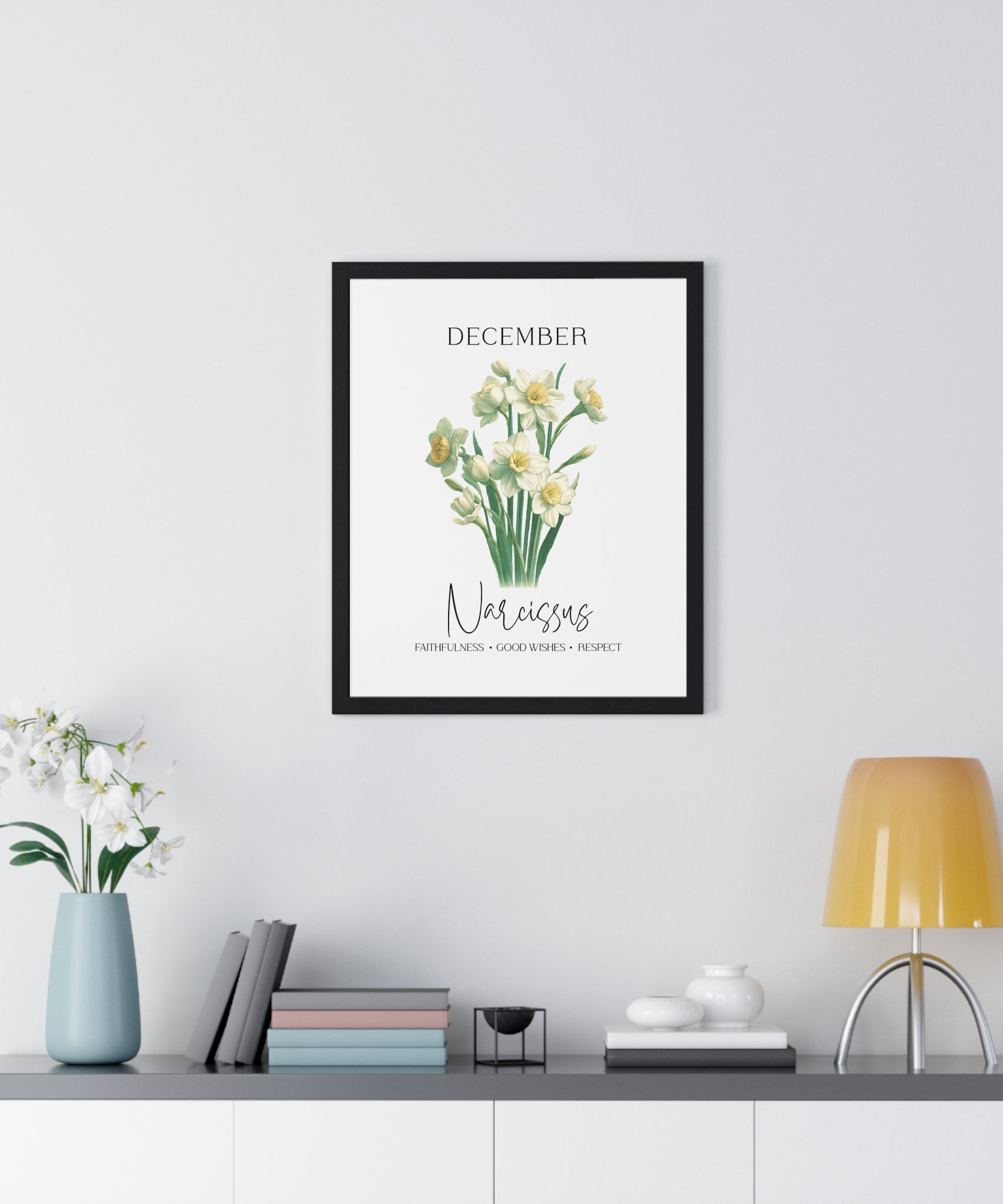 December Birth Month Flower Wall Art – Narcissus Illustration in Wooden Frame | Faithfulness, Good Wishes & Respect