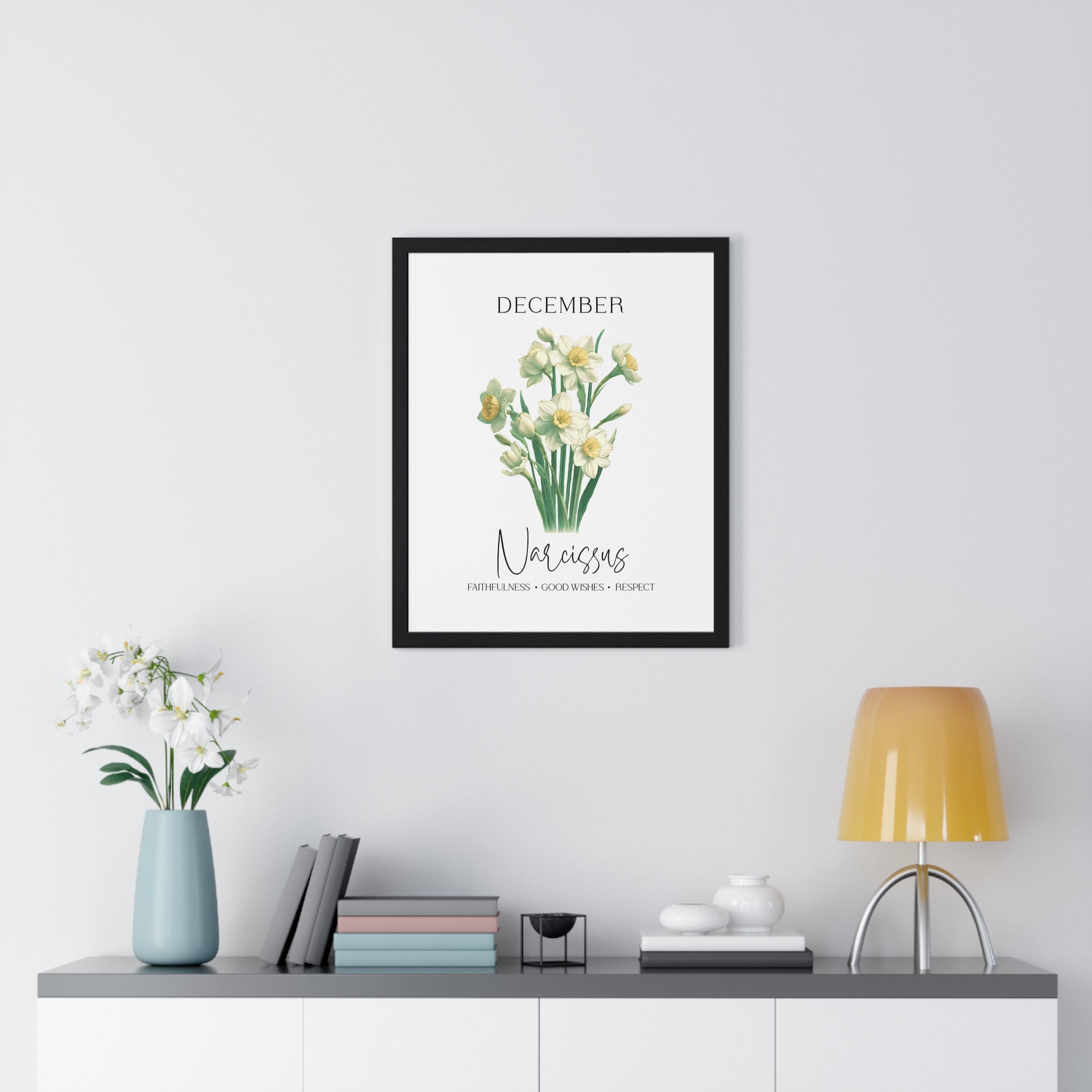 December Birth Month Flower Wall Art – Narcissus Illustration in Wooden Frame | Faithfulness, Good Wishes & Respect