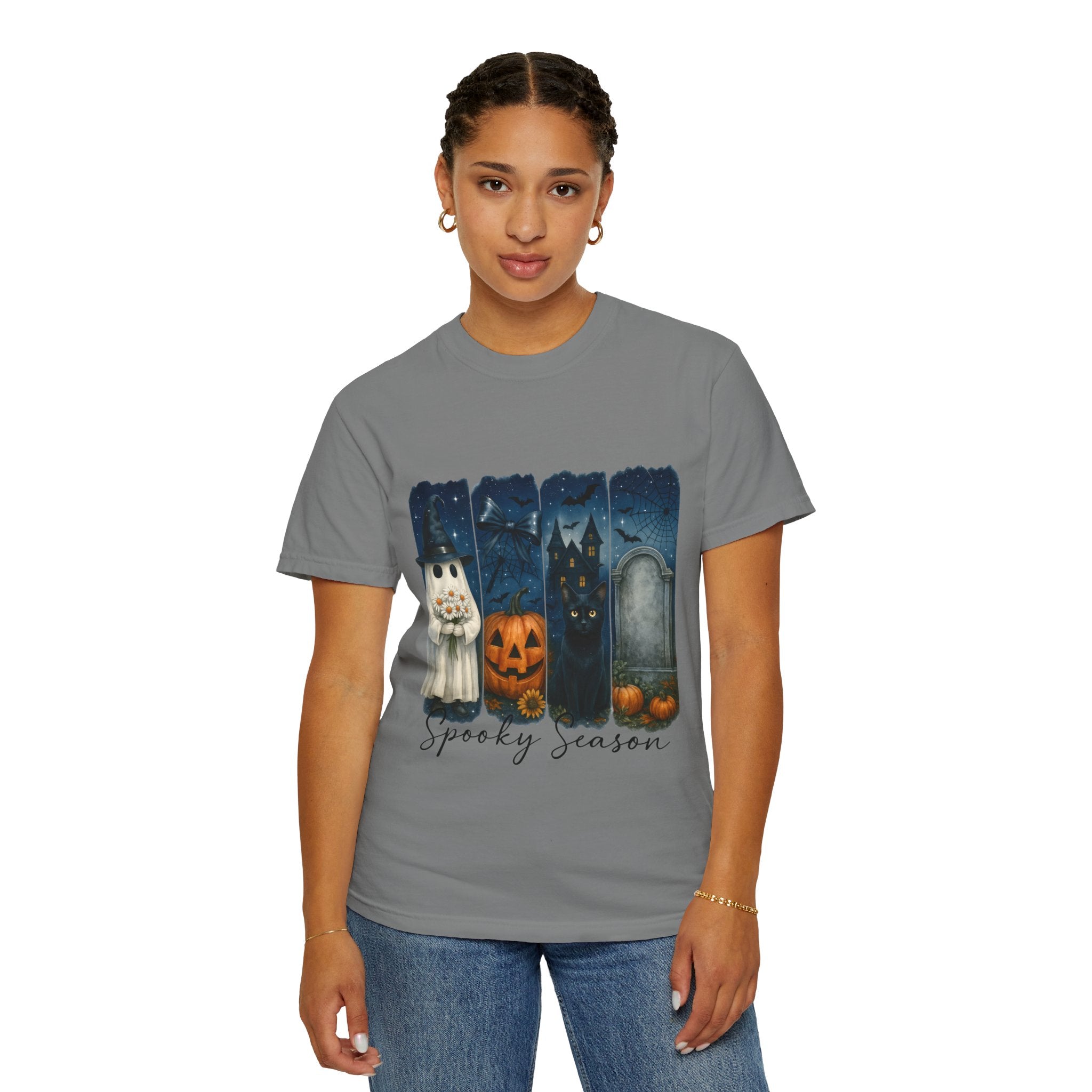 Spooky Season Halloween T-Shirt – Ghost, Black Cat, Pumpkin & Haunted House Design