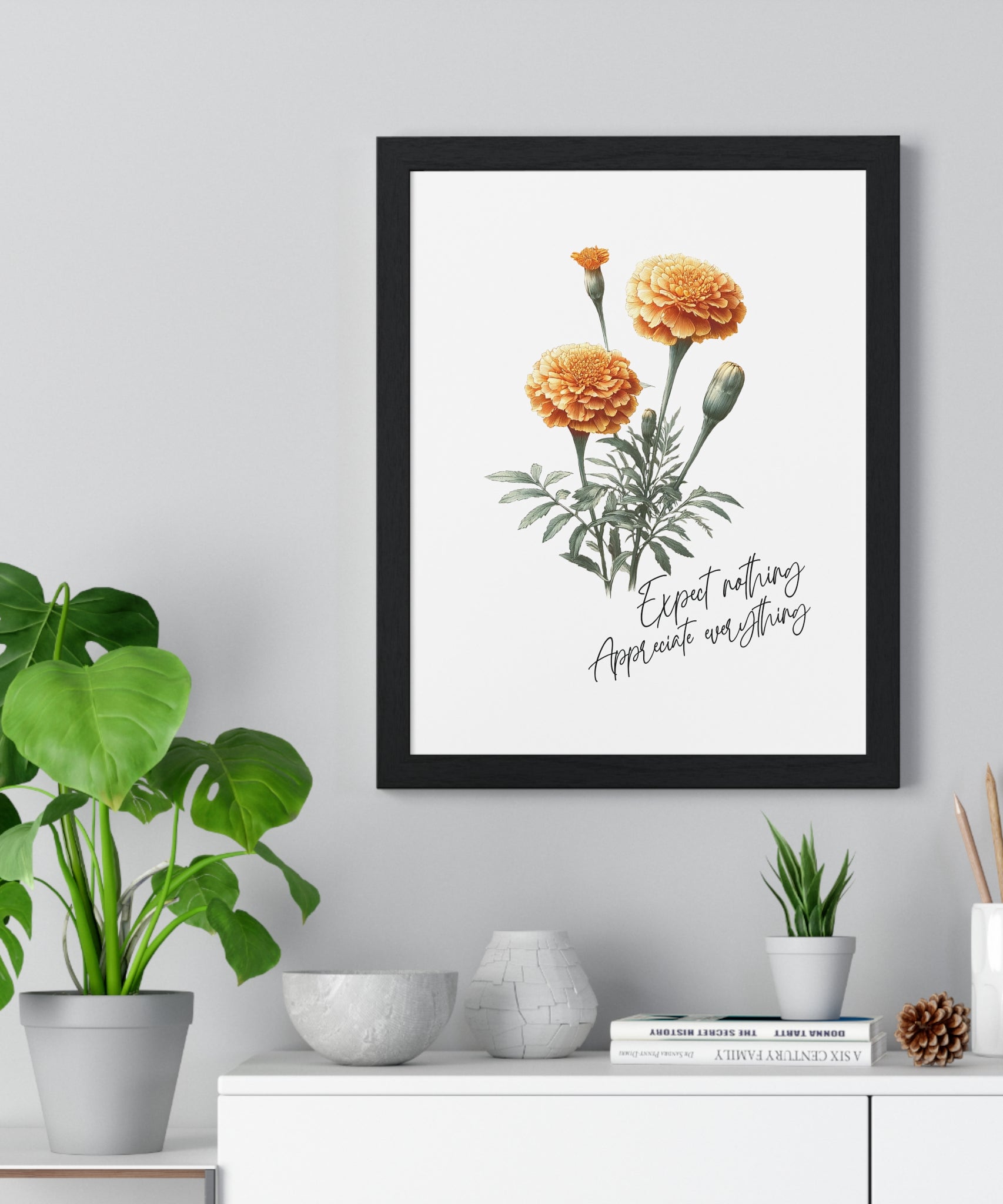 October Birth Month Flower Wall Art – Marigold Illustration with Inspirational Quote in Wooden Frame