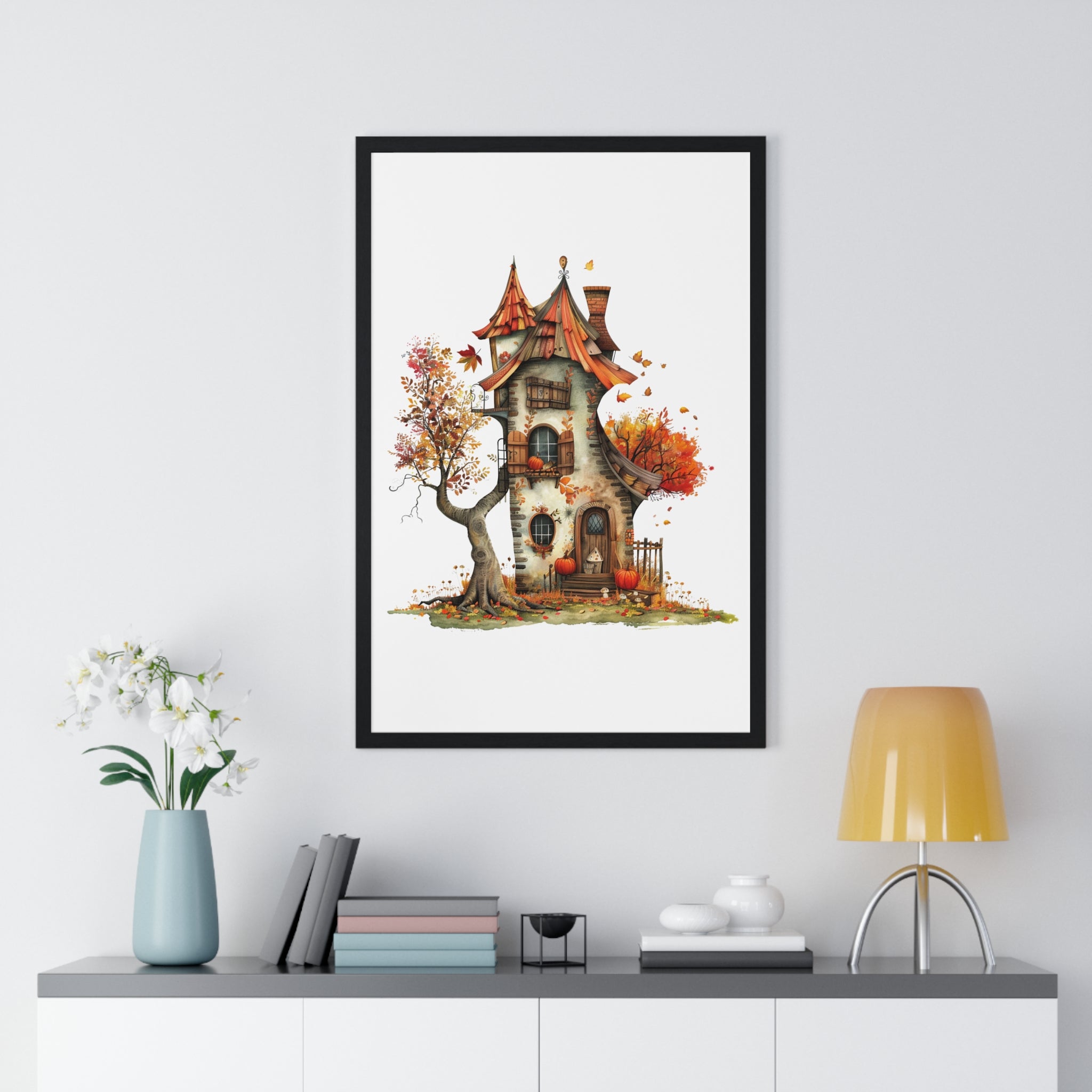 Whimsical Autumn Cottage – Framed Wooden Wall Art