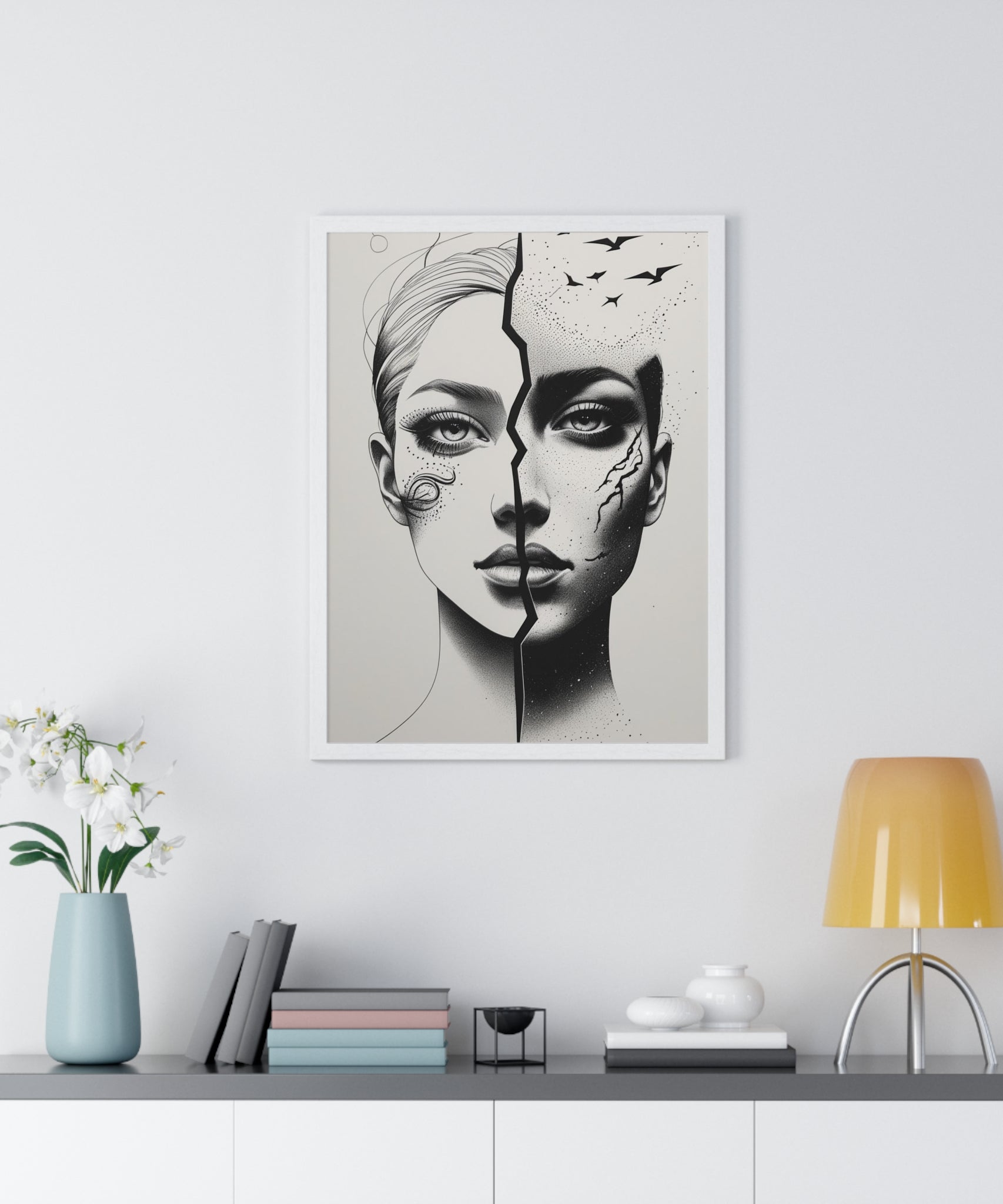 Vertical Framed Poster, Artistic Split Face Poster, Abstract Wall Art, Modern Home Decor, Unique Gift for Art Lovers, Stylish Room - Gallory Hive
