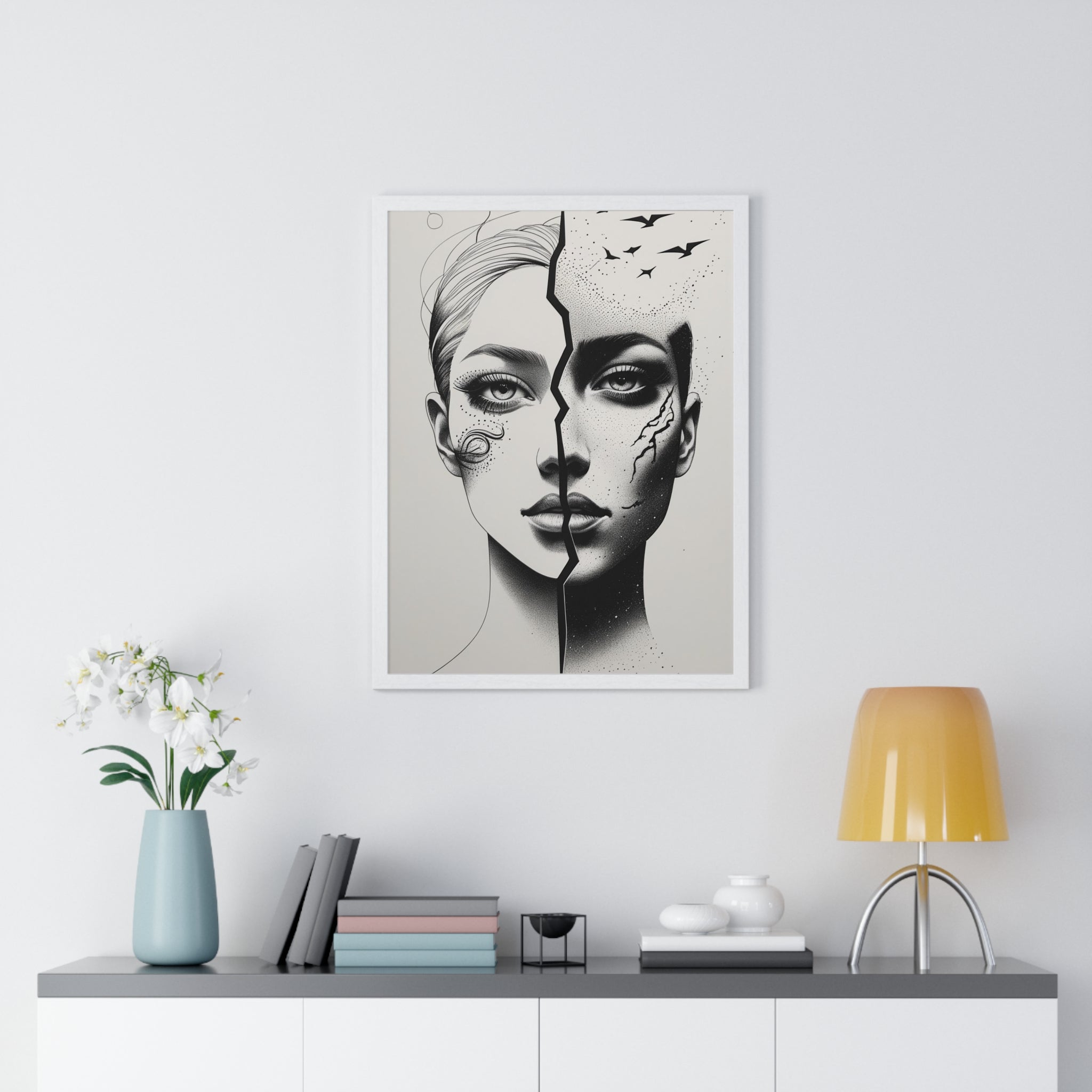 Vertical Framed Poster, Artistic Split Face Poster, Abstract Wall Art, Modern Home Decor, Unique Gift for Art Lovers, Stylish Room