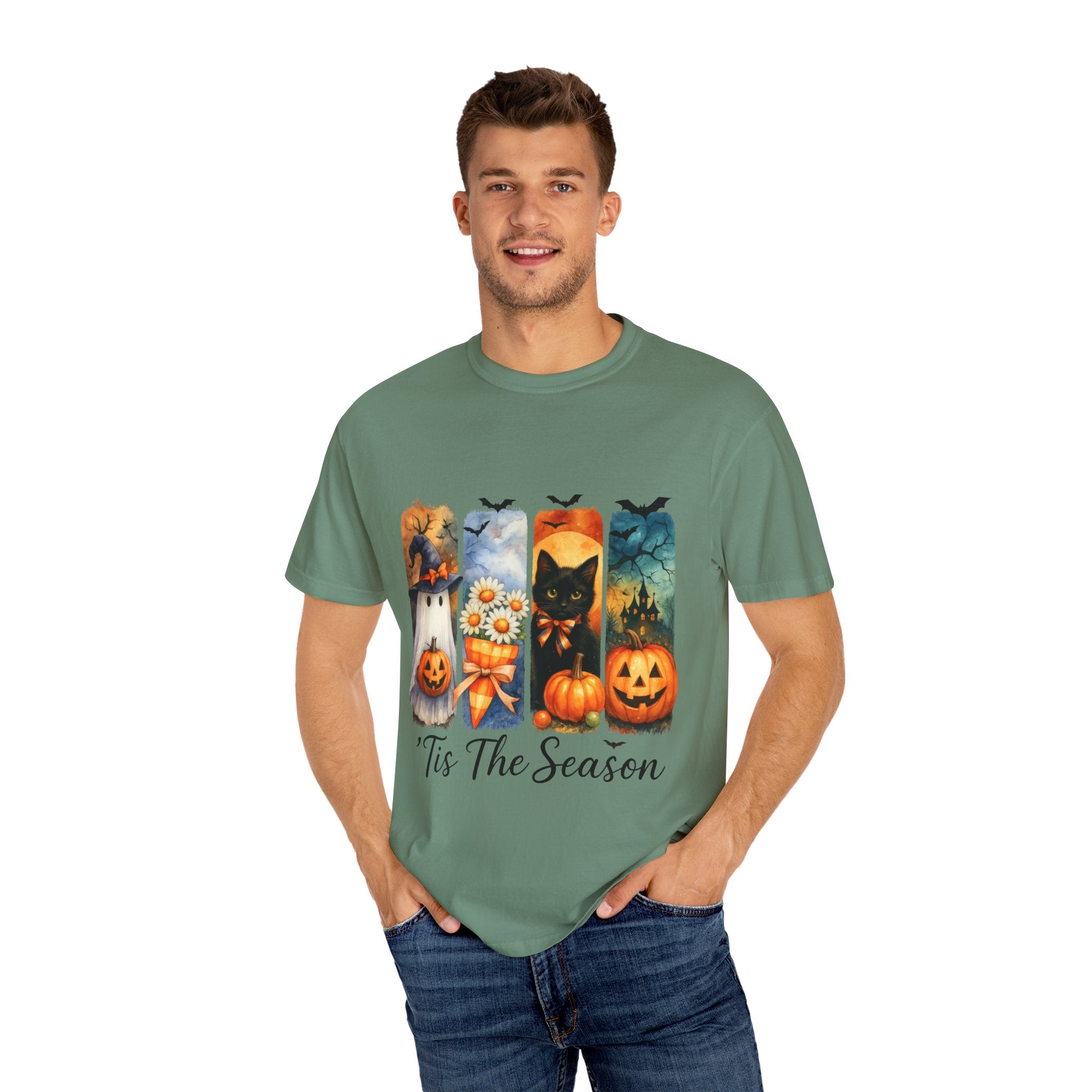 Whimsical Halloween T-Shirt – Ghost, Black Cat, Pumpkins & Haunted House Design