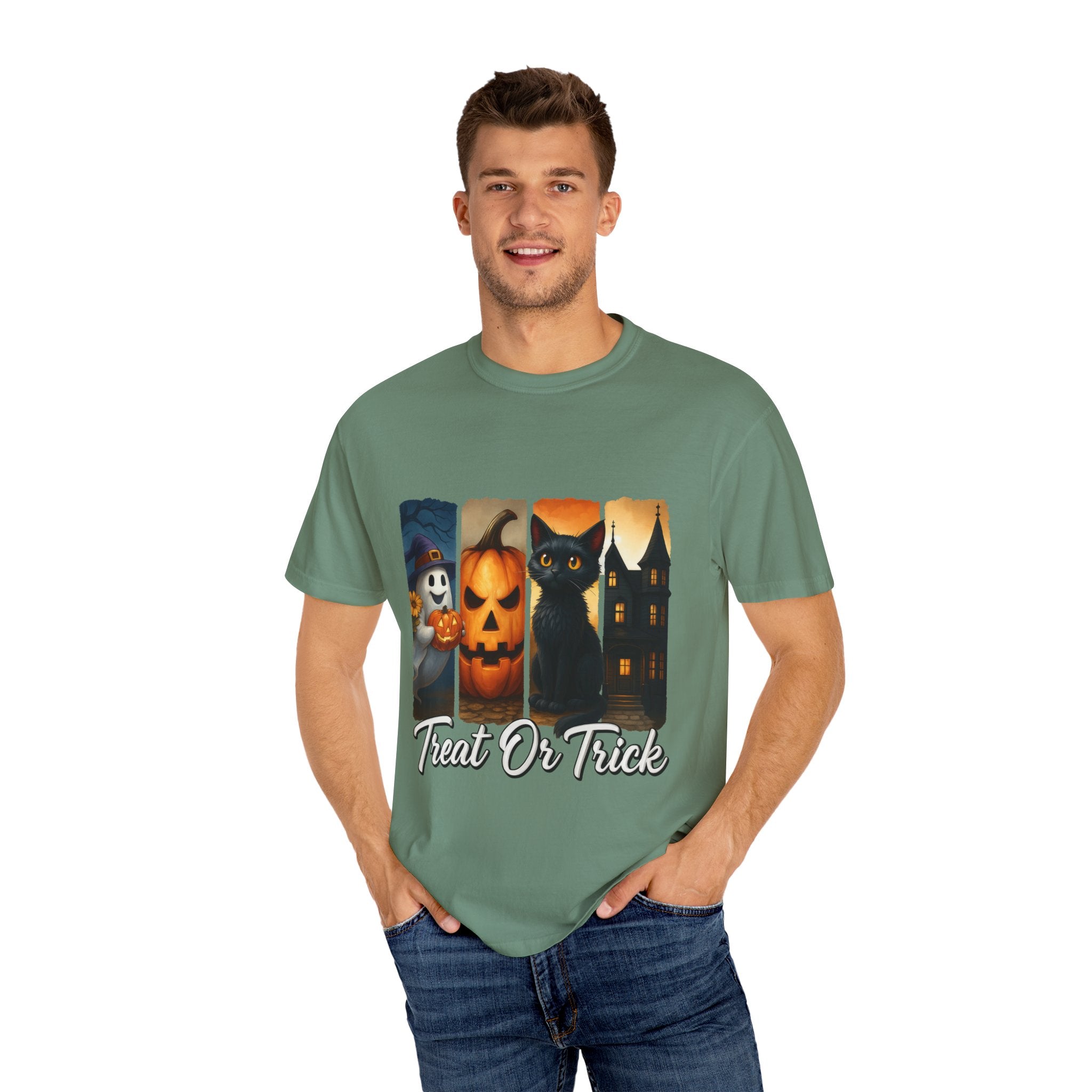 Treat Or Trick Halloween T-Shirt – Cute Ghost, Pumpkin, Black Cat & Haunted House Design
