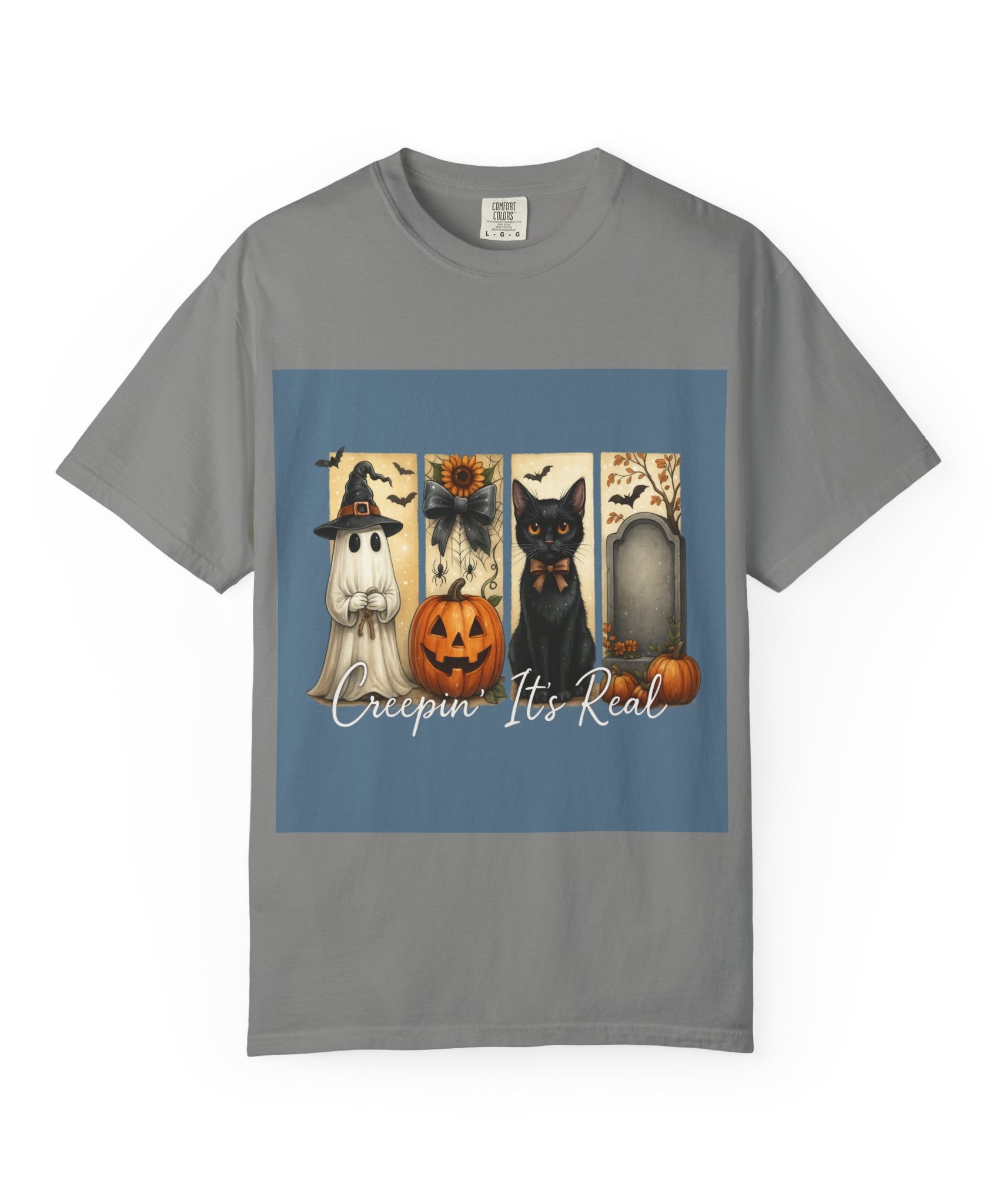 Creepin’ It’s Real Halloween T-Shirt – Cute Ghost, Pumpkin, Black Cat & Tombstone Design - Gallory Hive