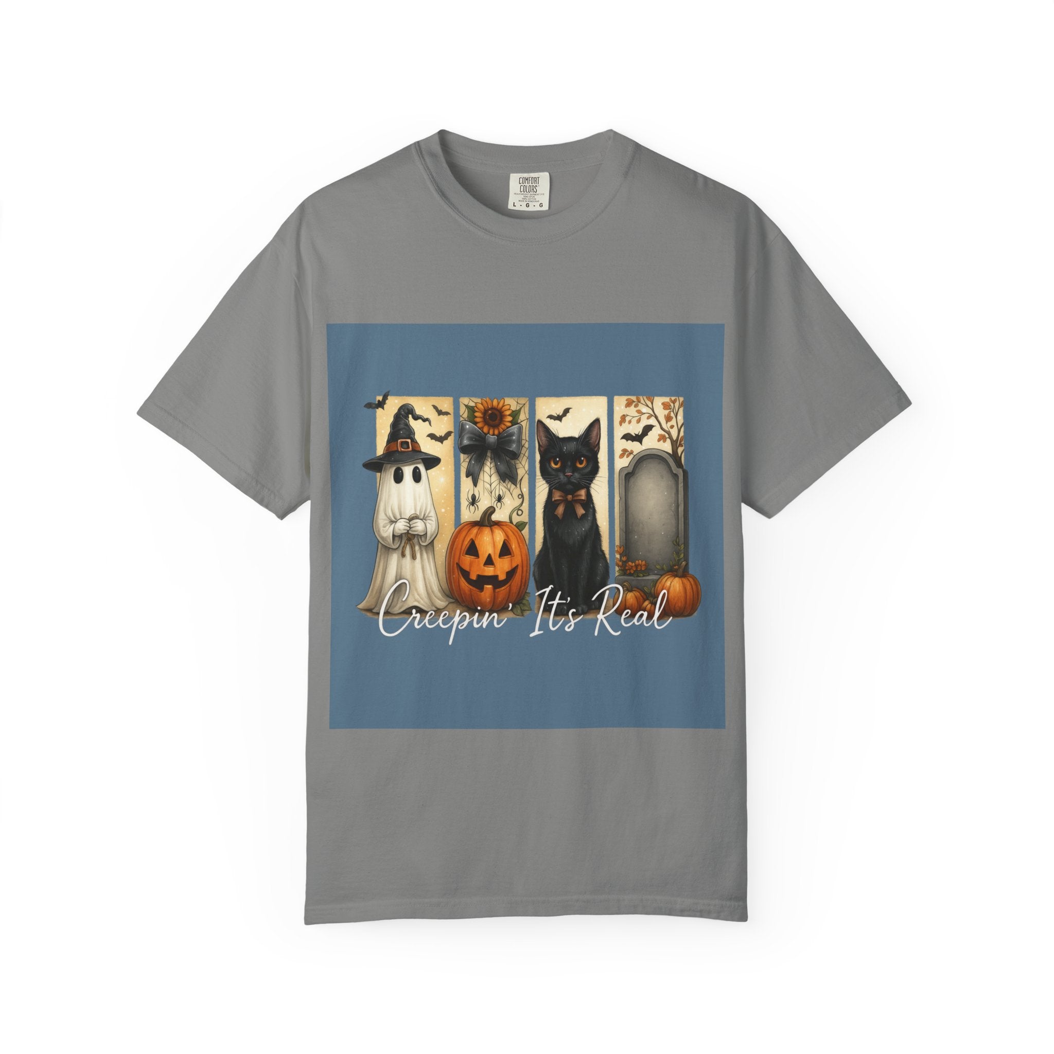 Creepin’ It’s Real Halloween T-Shirt – Cute Ghost, Pumpkin, Black Cat & Tombstone Design