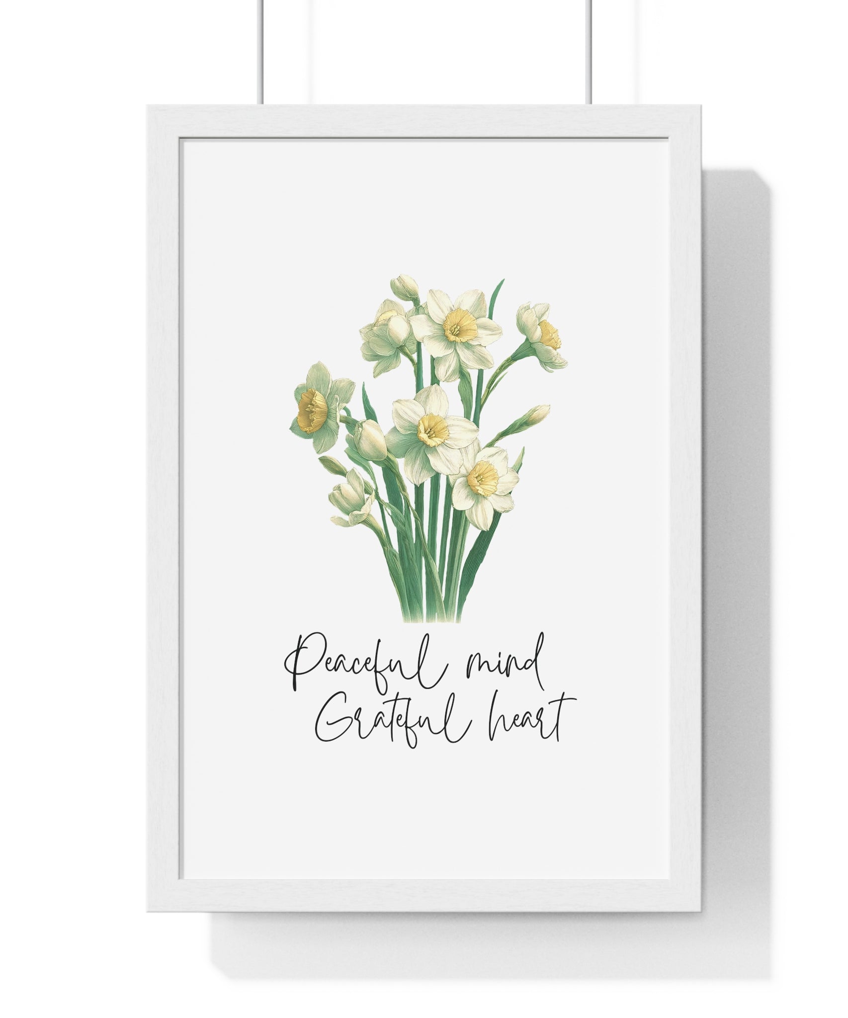 December Birth Month Flower Wall Art – Narcissus Illustration with Inspirational Quote in Wooden Frame | Peaceful Mind & Grateful Heart